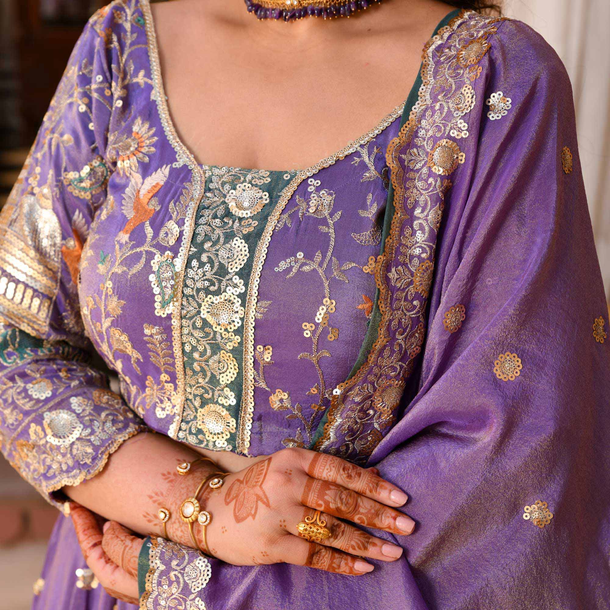 Mohini- Wisteria Purple Sequin & Thread Embroidered Pure Tissue Silk Lehenga Set