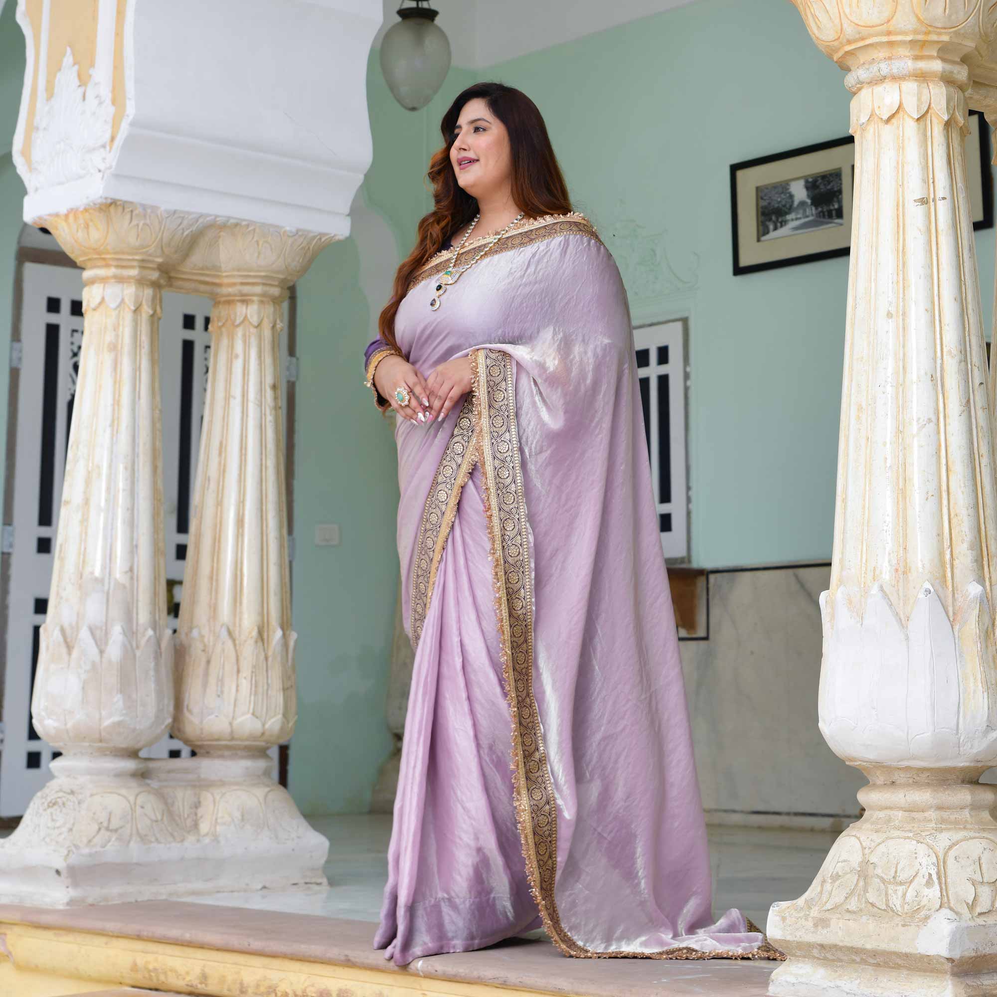 Maharani- Lilac Tissue Silk Embroidered Pre-Draped Saree