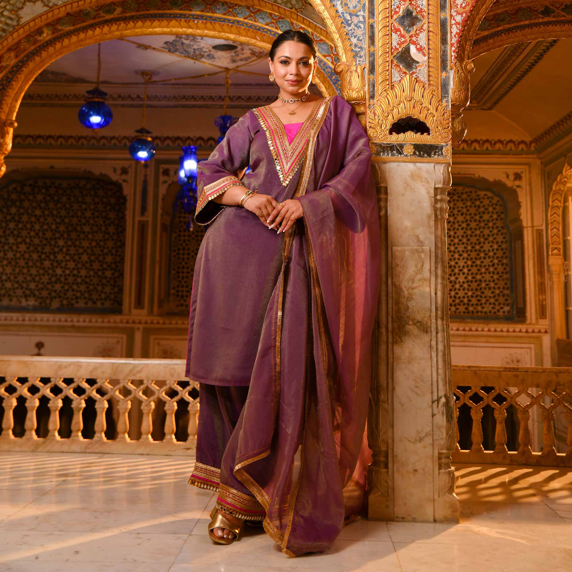 Royal Jugni -Violet Tissue Silk Mirror Embroidered Suit Set