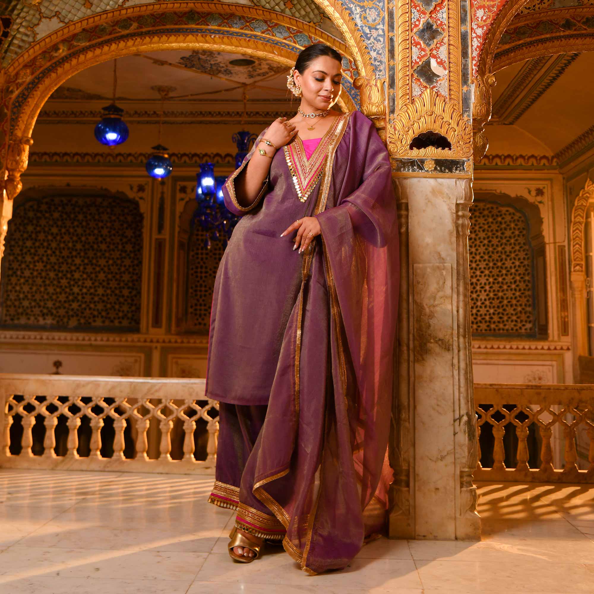 Royal Jugni -Violet Tissue Silk Mirror Embroidered Suit Set