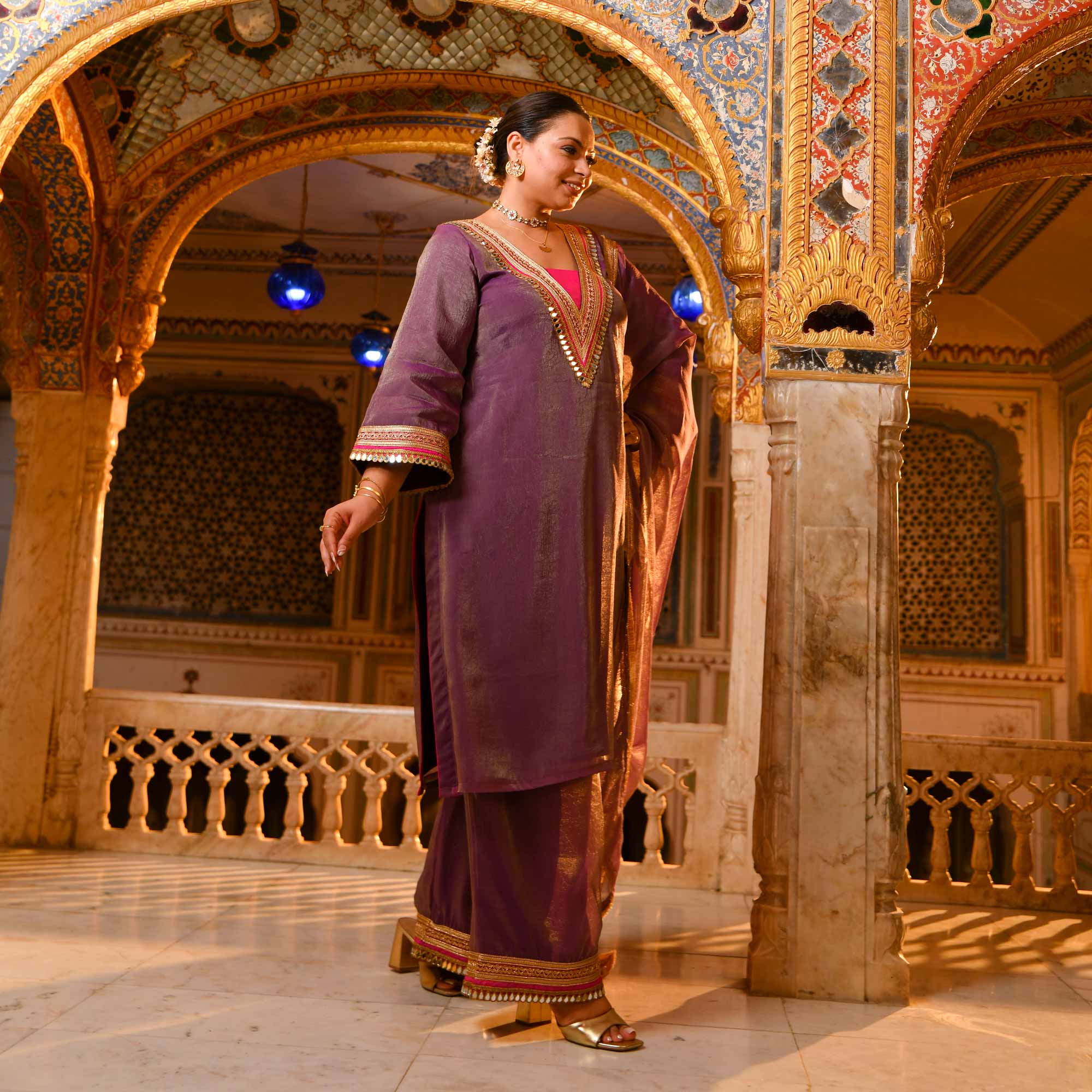 Royal Jugni -Violet Tissue Silk Mirror Embroidered Suit Set