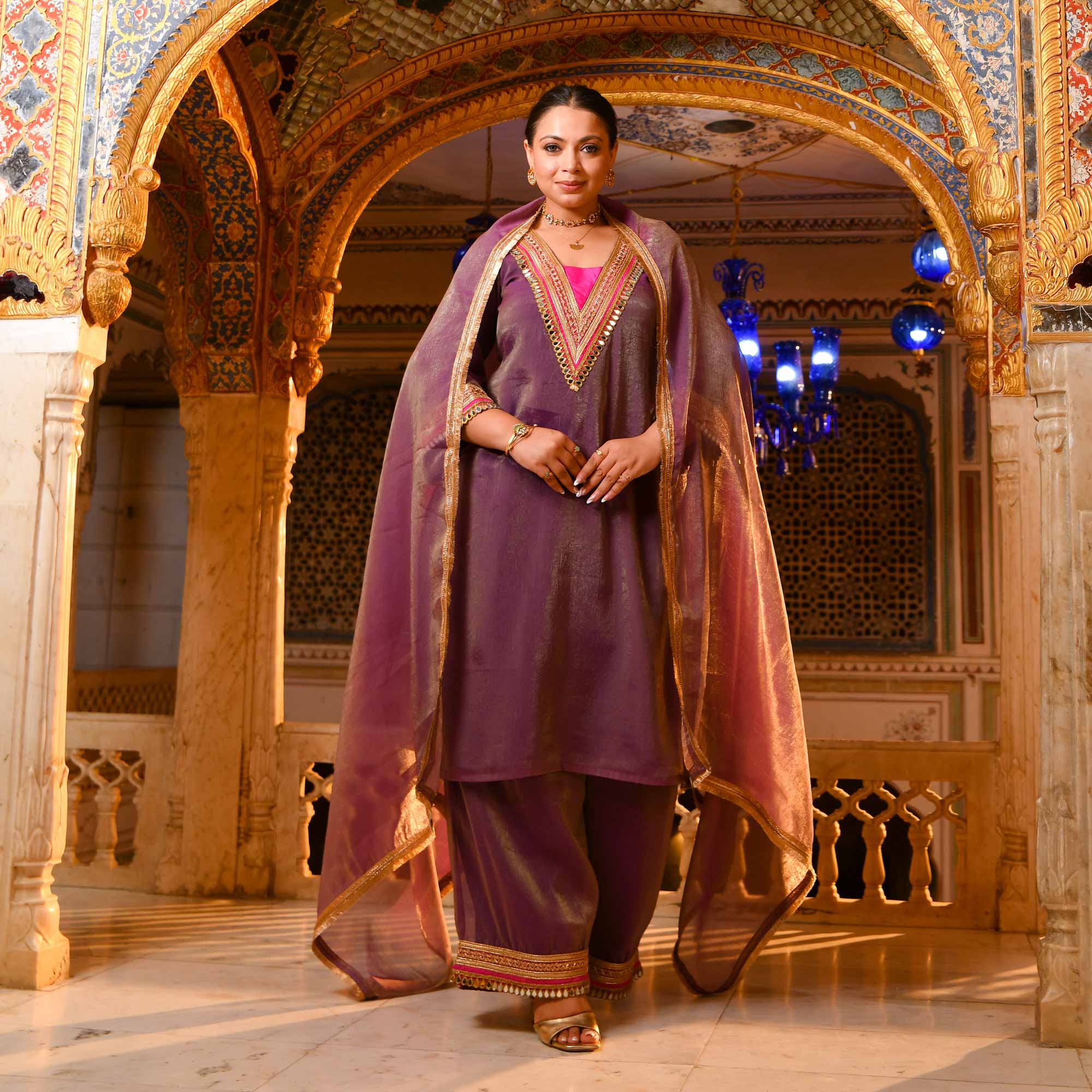 Royal Jugni -Violet Tissue Silk Mirror Embroidered Suit Set