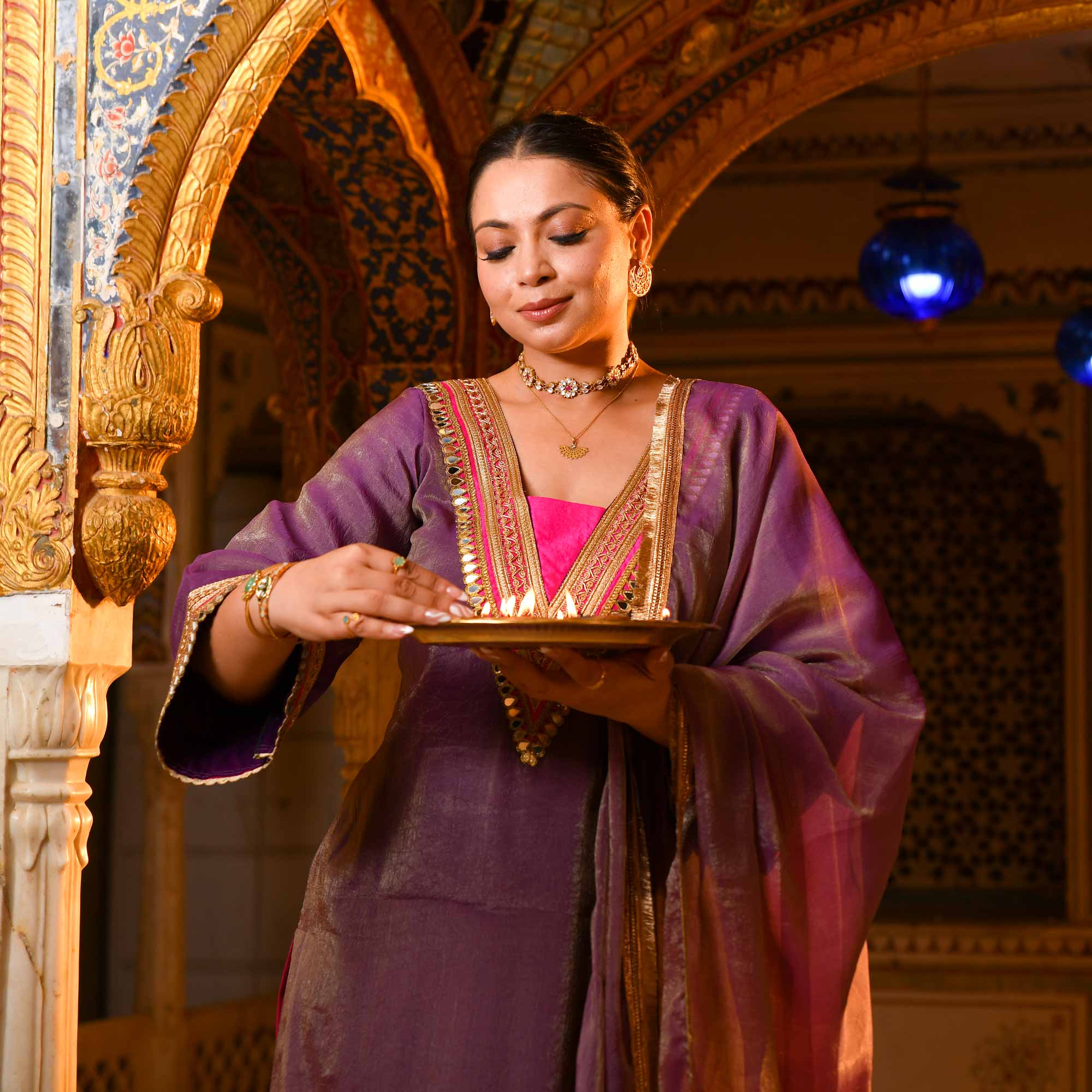 Royal Jugni -Violet Tissue Silk Mirror Embroidered Suit Set