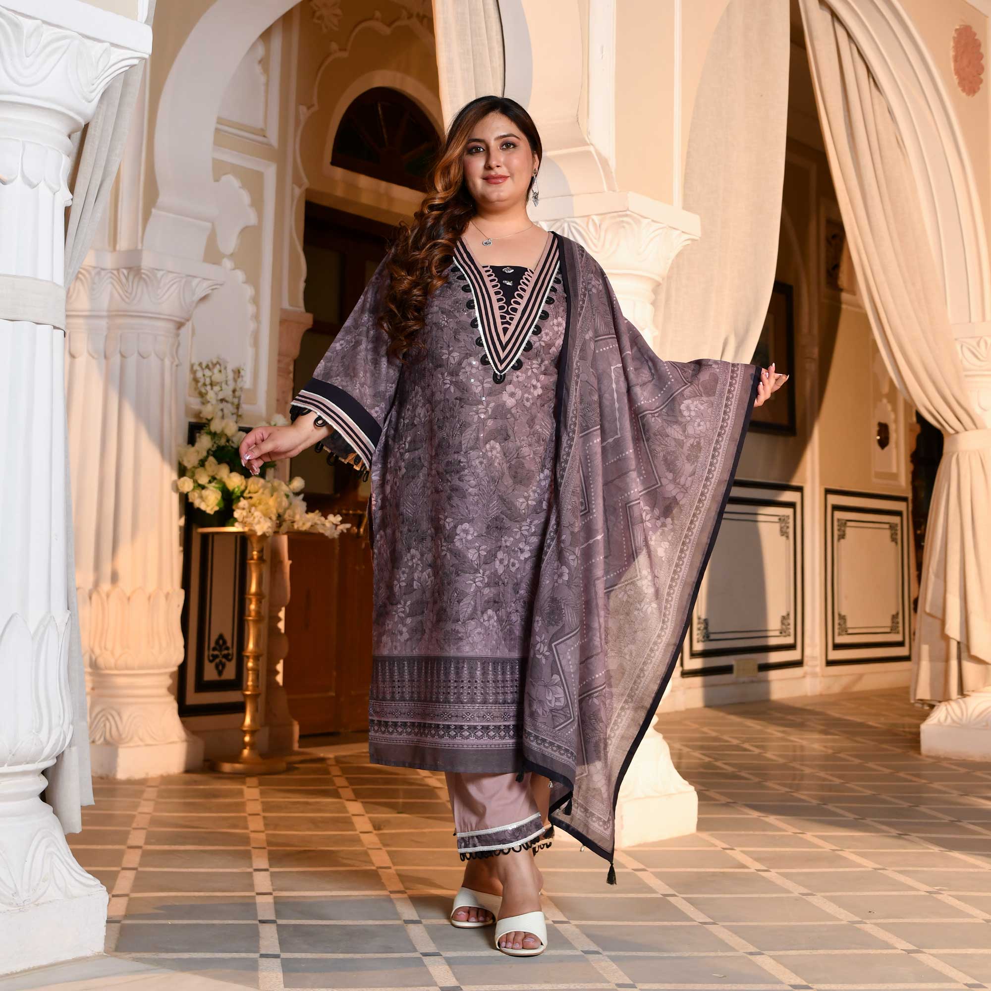 Purple Taupe Floral Schiffli Embroidered Suit Set