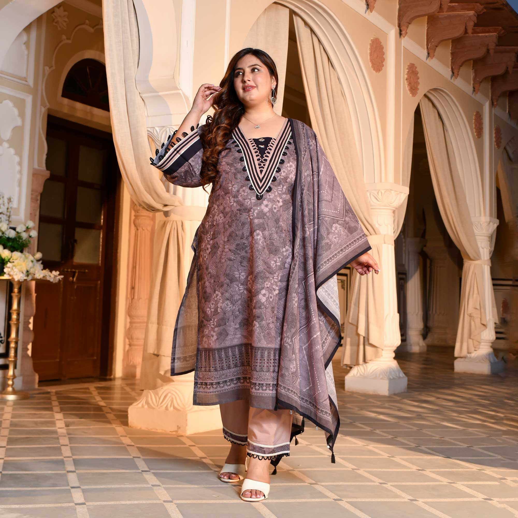 Purple Taupe Floral Schiffli Embroidered Suit Set