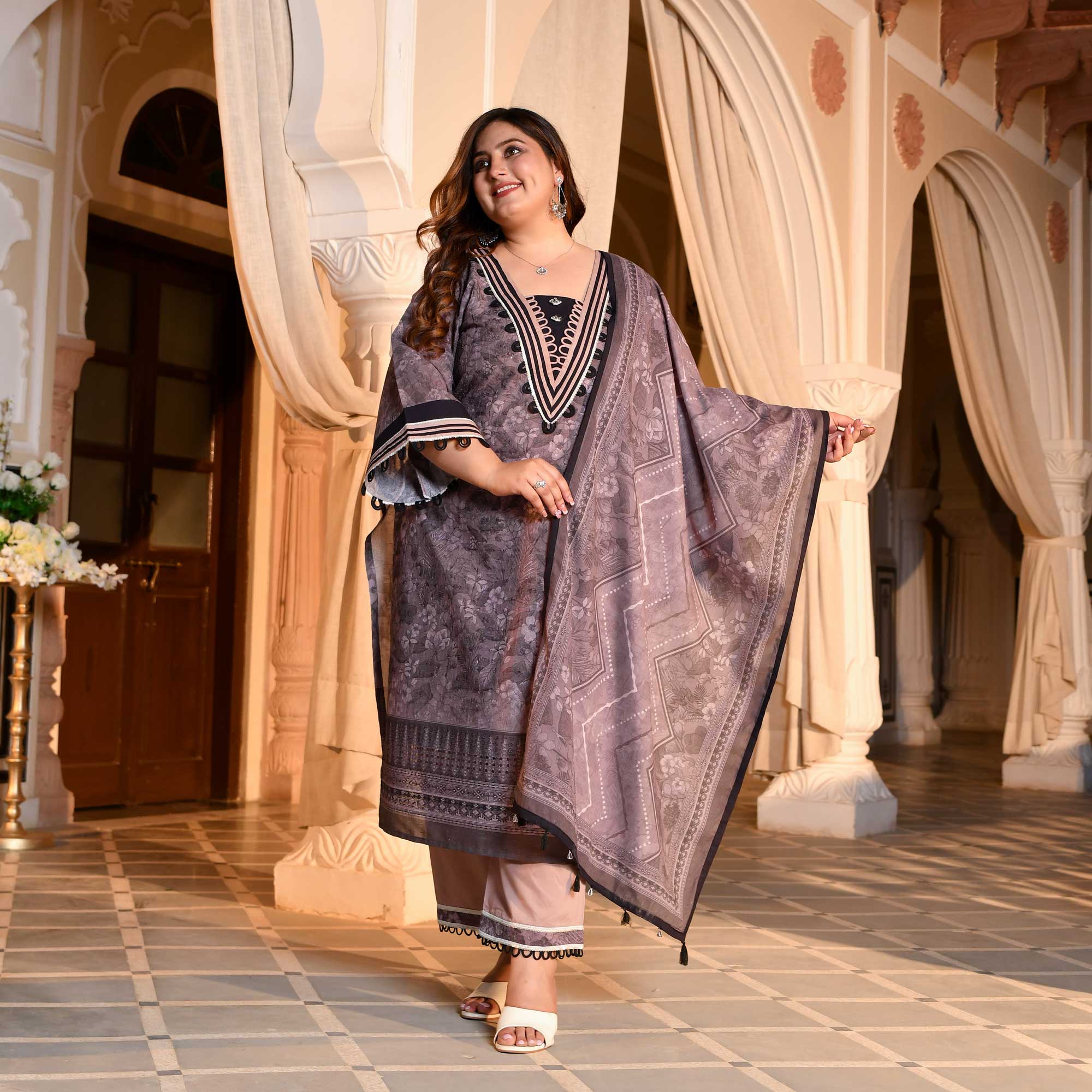 Purple Taupe Floral Schiffli Embroidered Suit Set