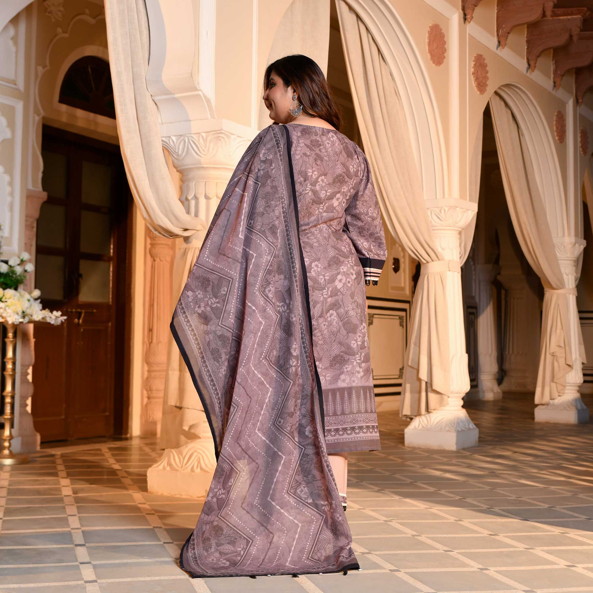 Purple Taupe Floral Schiffli Embroidered Suit Set