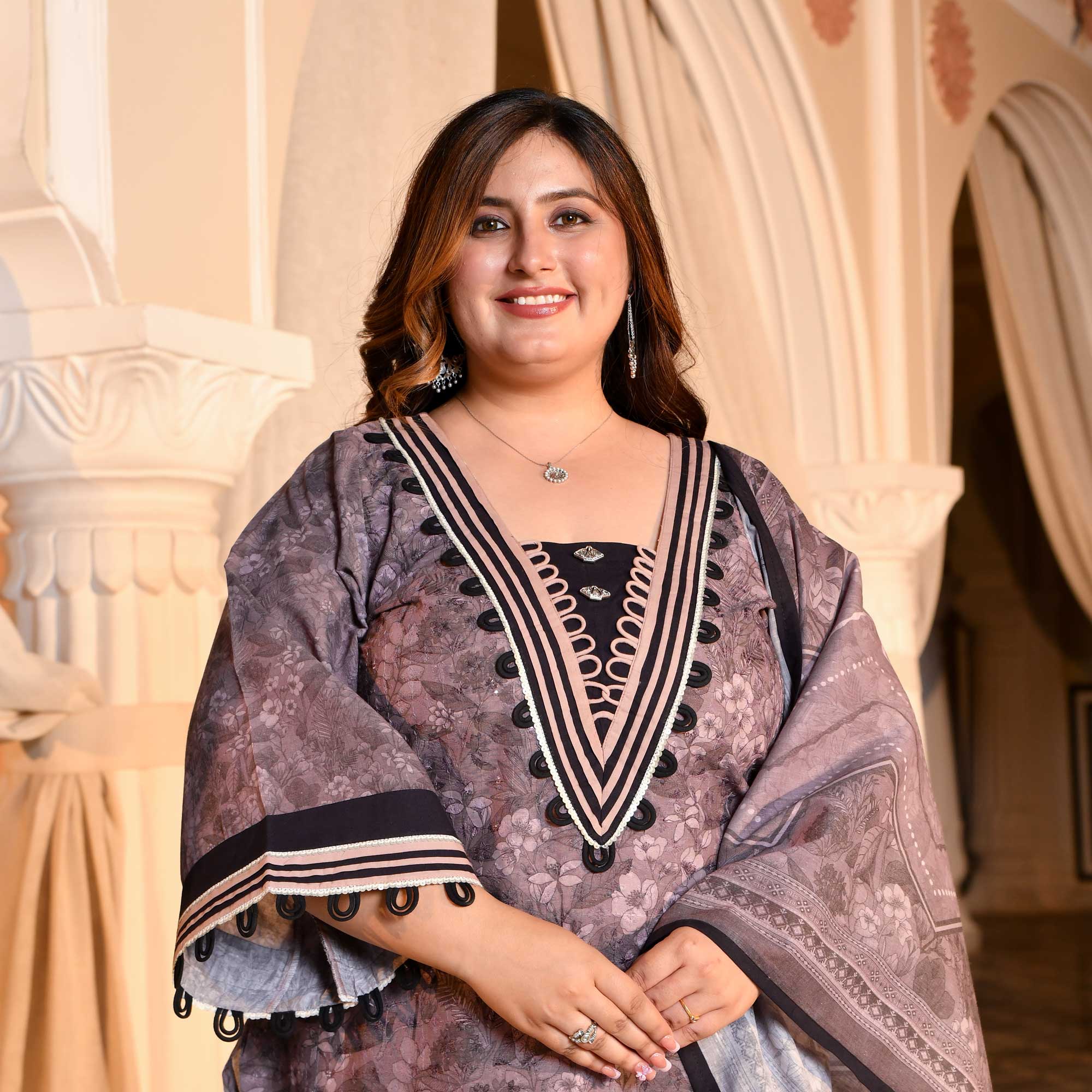 Purple Taupe Floral Schiffli Embroidered Suit Set