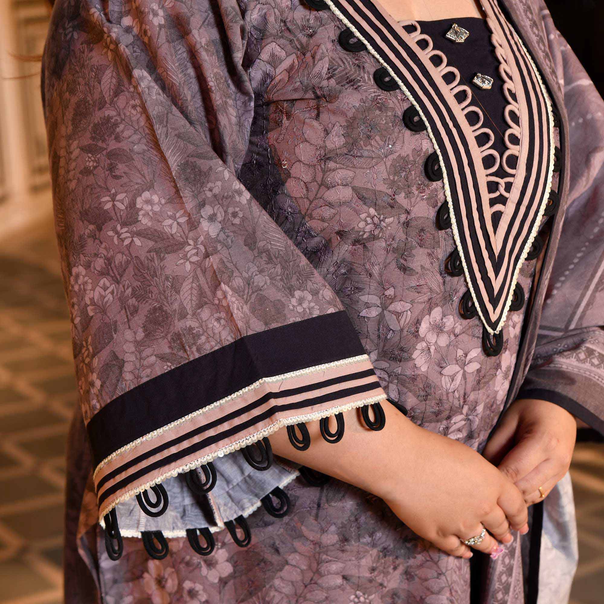 Purple Taupe Floral Schiffli Embroidered Suit Set