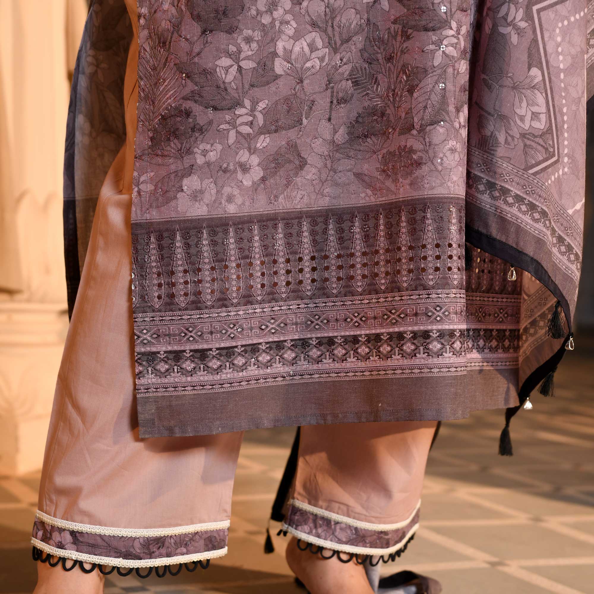 Purple Taupe Floral Schiffli Embroidered Suit Set