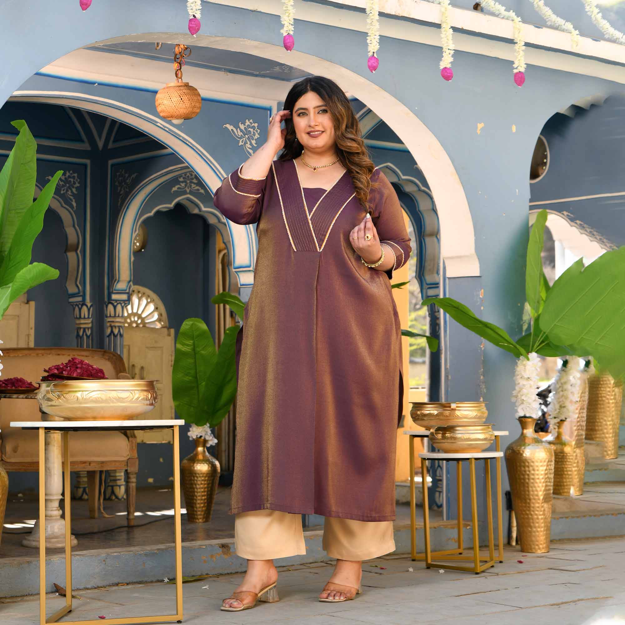 Anjeer- Deep Purple Viscose Tissue A-line Pleated Kurta
