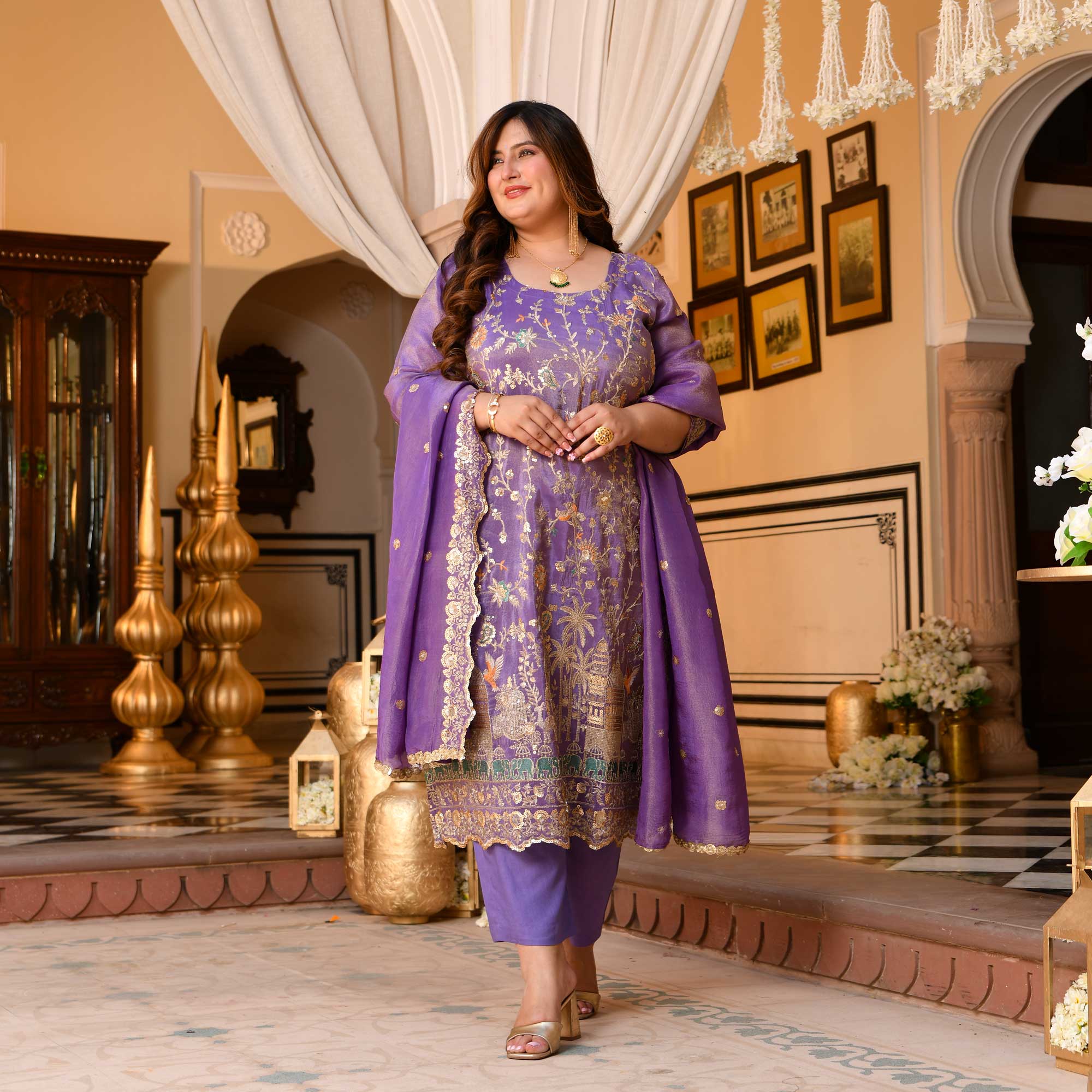 Urvashi- Wisteria Purple Sequin & Thread Embroidered Pure Tissue Silk Suit Set