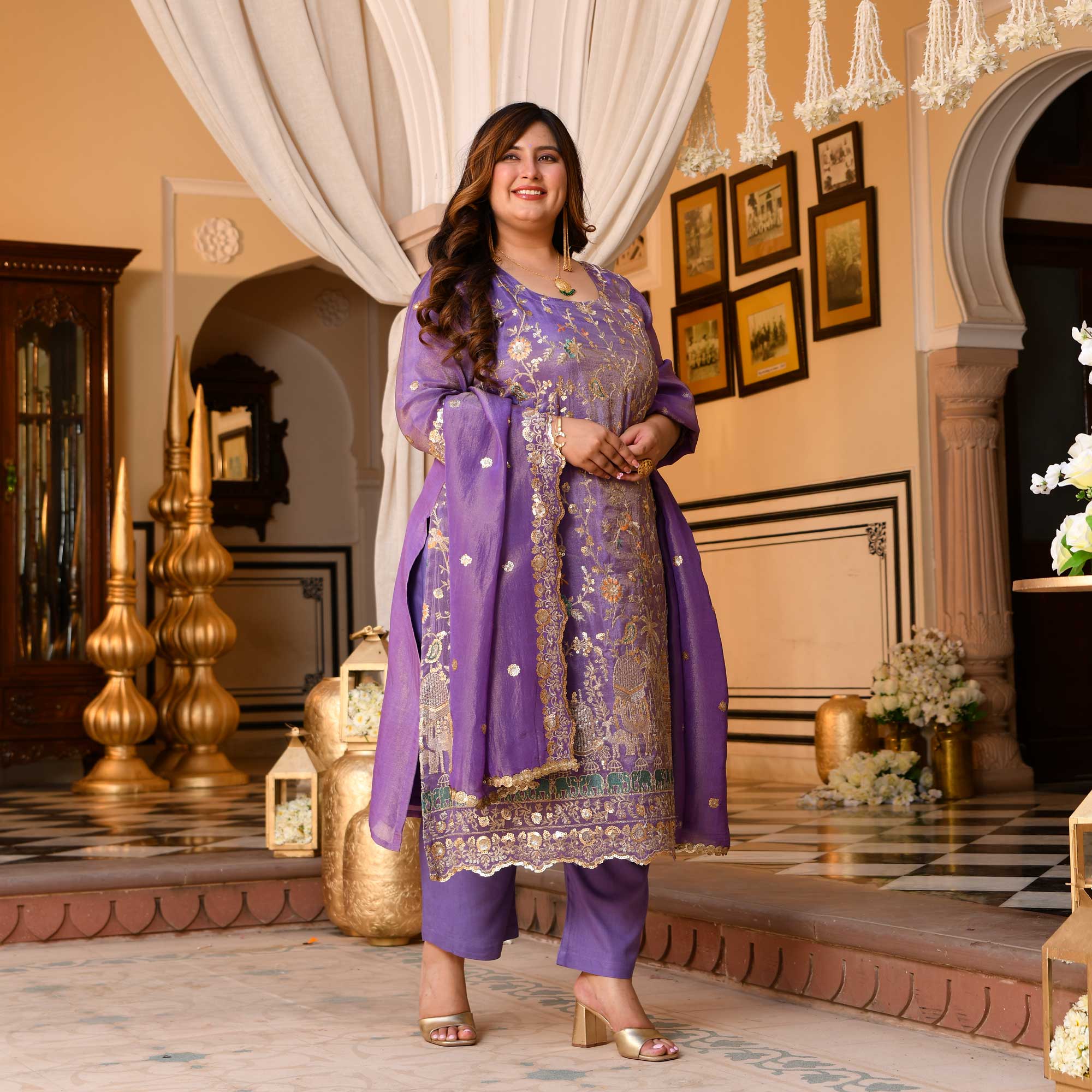 Urvashi- Wisteria Purple Sequin & Thread Embroidered Pure Tissue Silk Suit Set