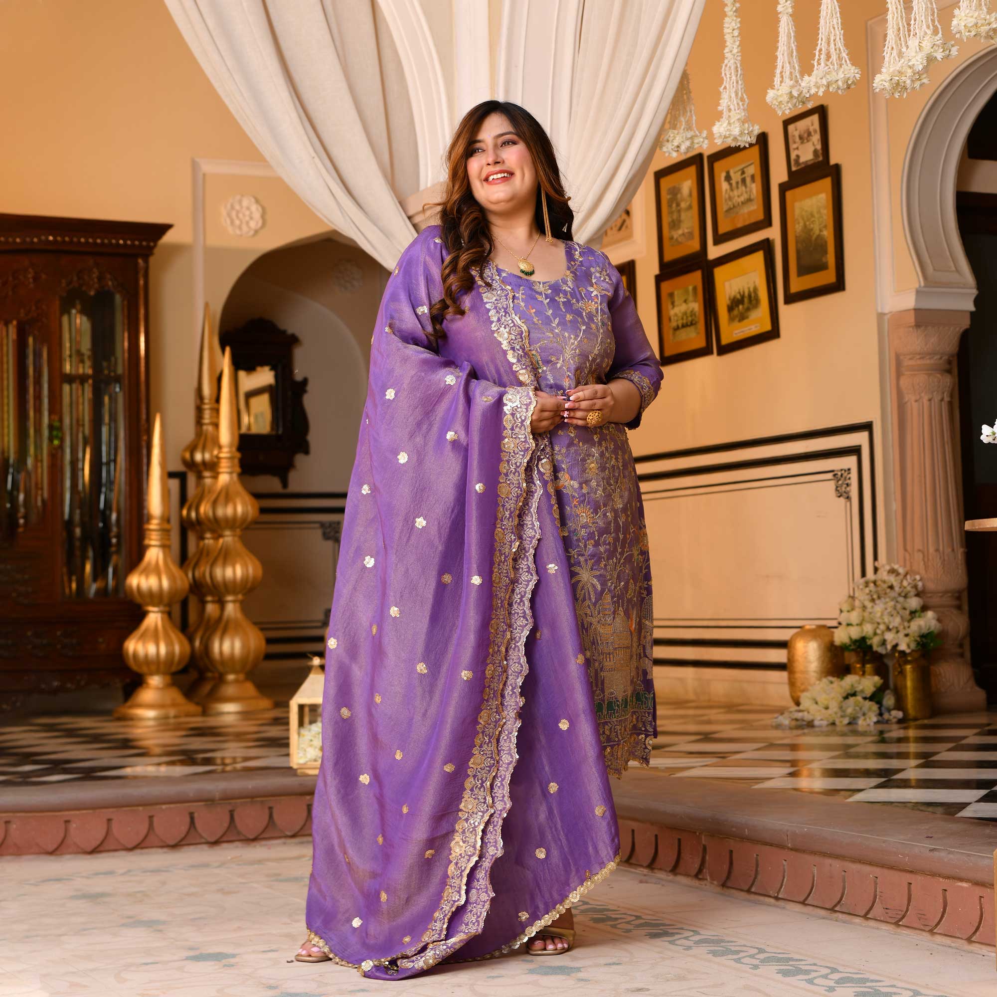 Urvashi- Wisteria Purple Sequin & Thread Embroidered Pure Tissue Silk Suit Set