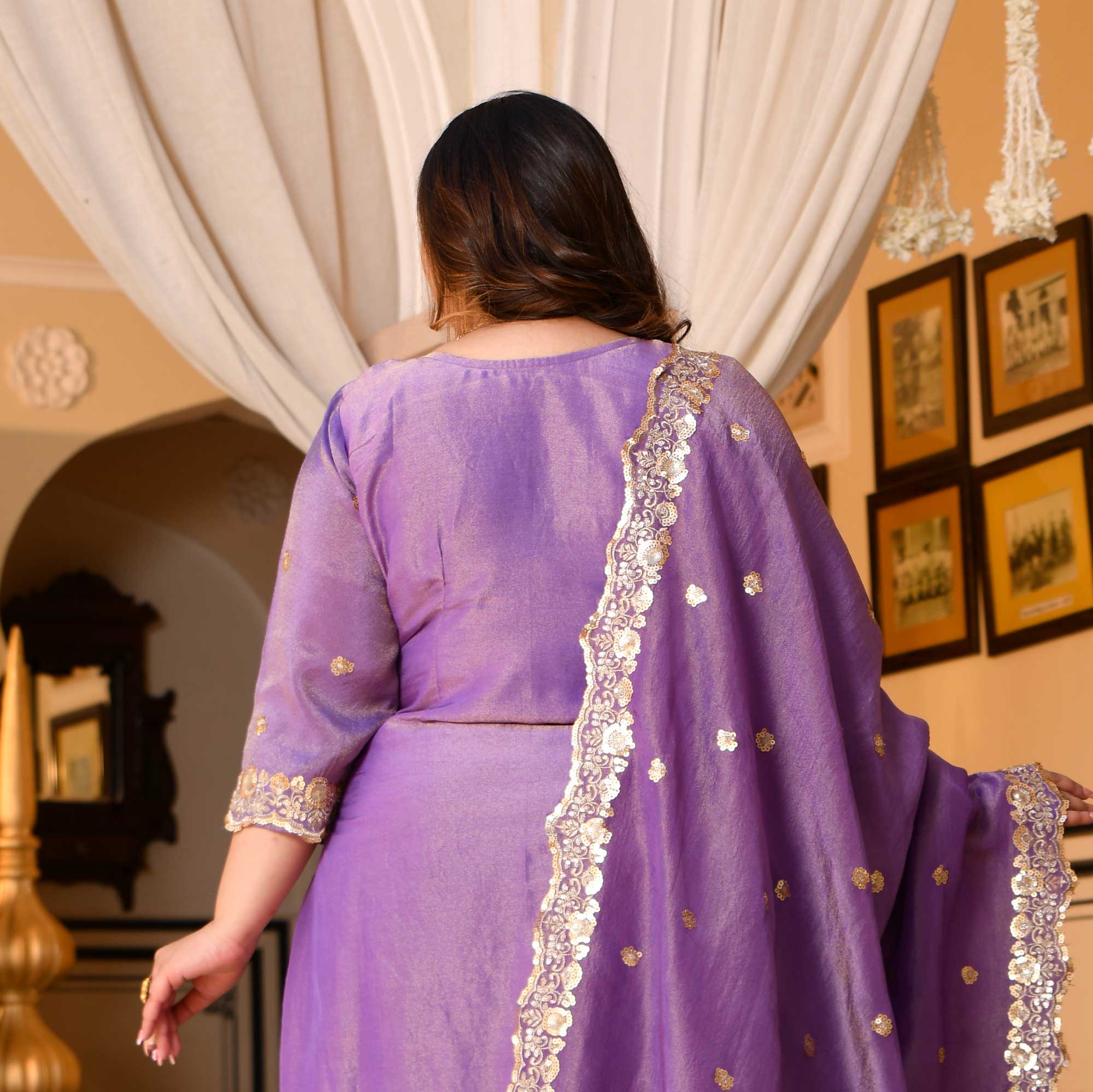 Urvashi- Wisteria Purple Sequin & Thread Embroidered Pure Tissue Silk Suit Set