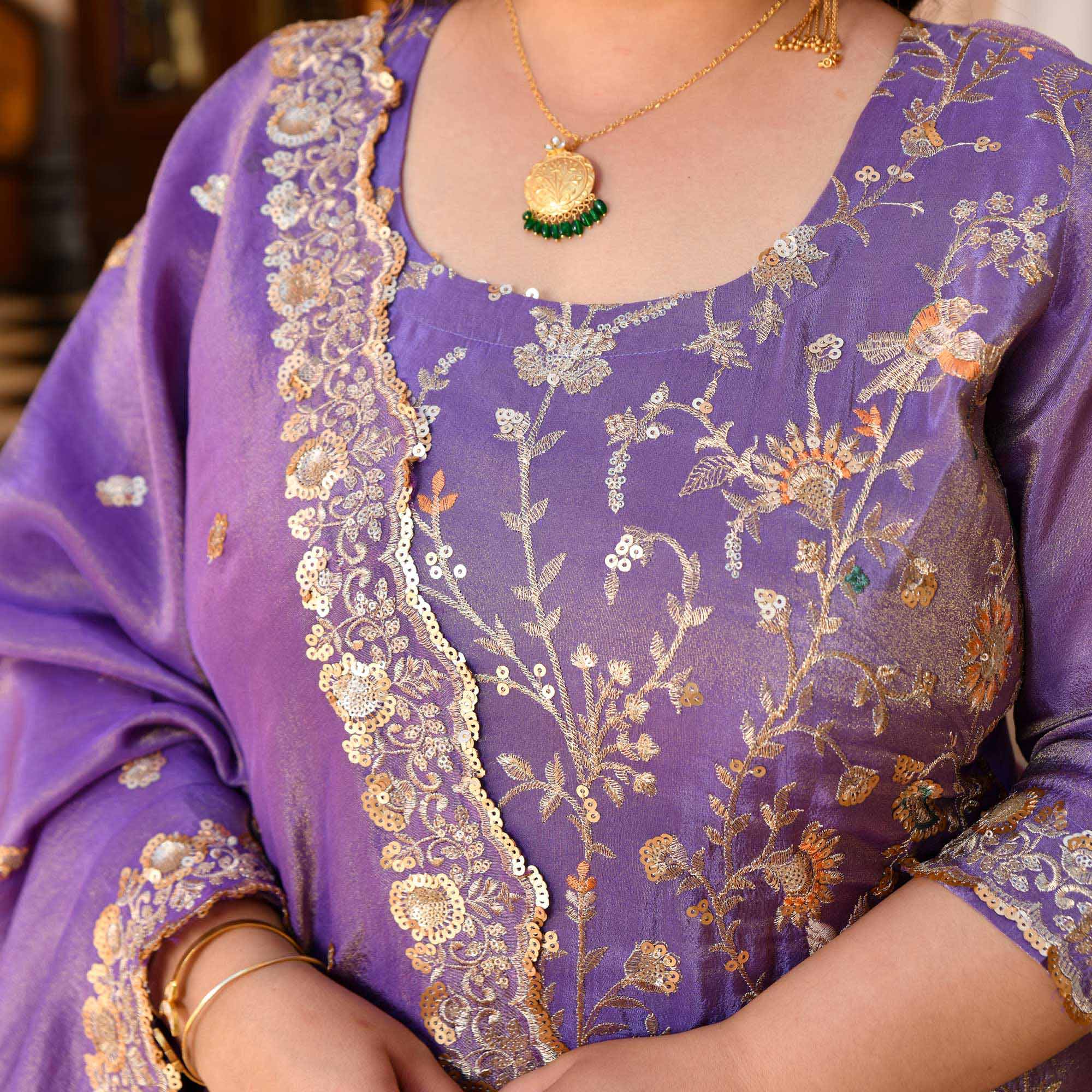 Urvashi- Wisteria Purple Sequin & Thread Embroidered Pure Tissue Silk Suit Set