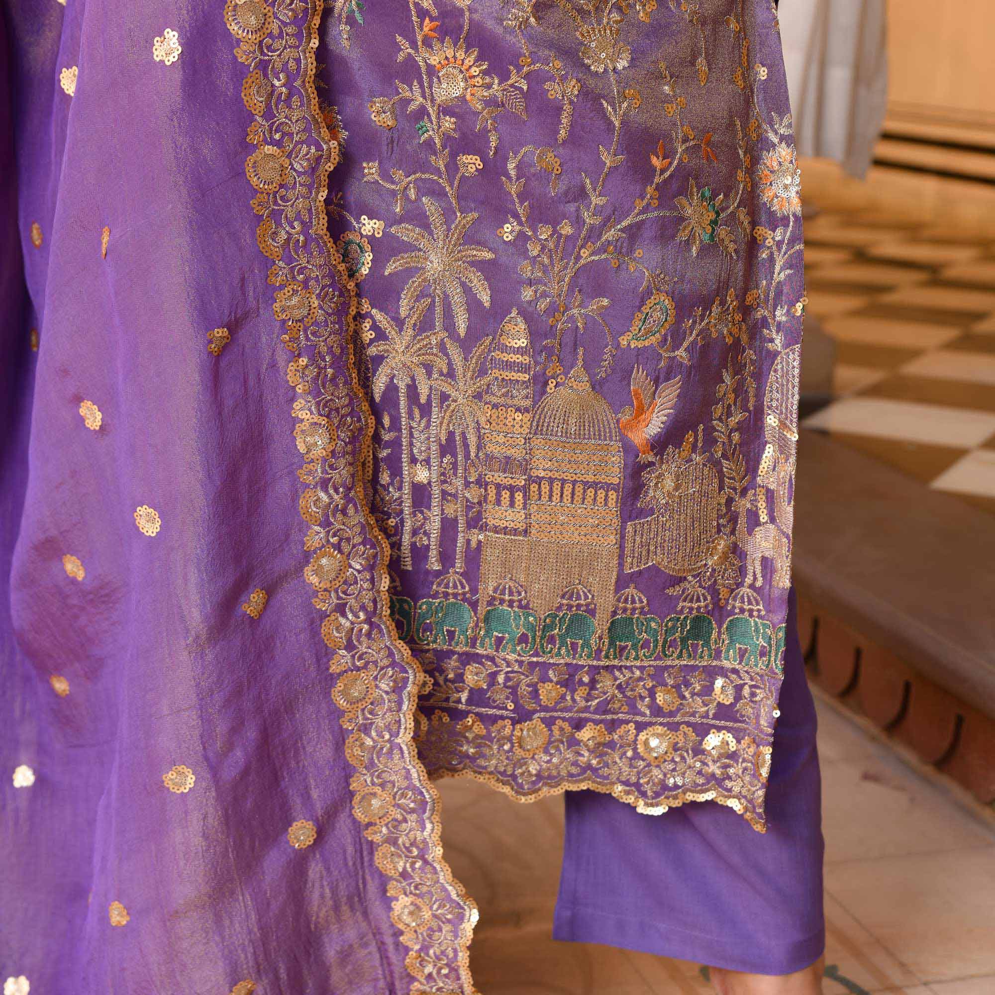 Urvashi- Wisteria Purple Sequin & Thread Embroidered Pure Tissue Silk Suit Set