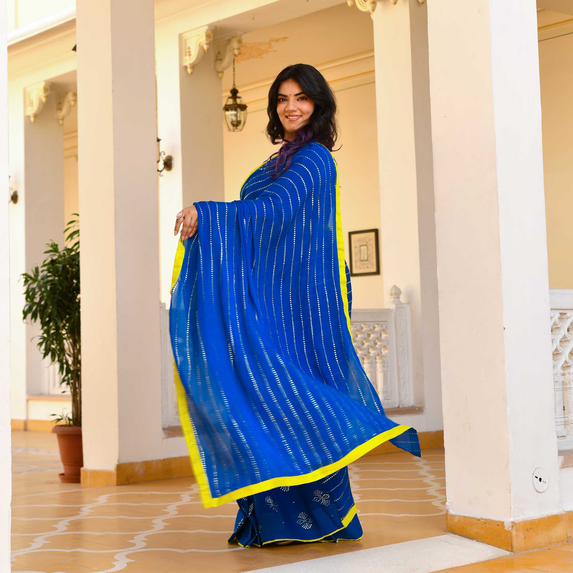 Chandani Leher- Electric Blue & Gold Embroidered Pre-drape Saree Set