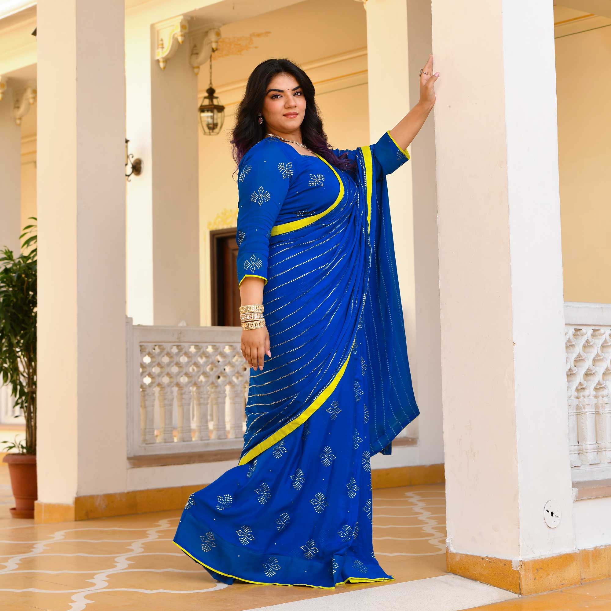 Chandani Leher- Electric Blue & Gold Embroidered Pre-drape Saree Set