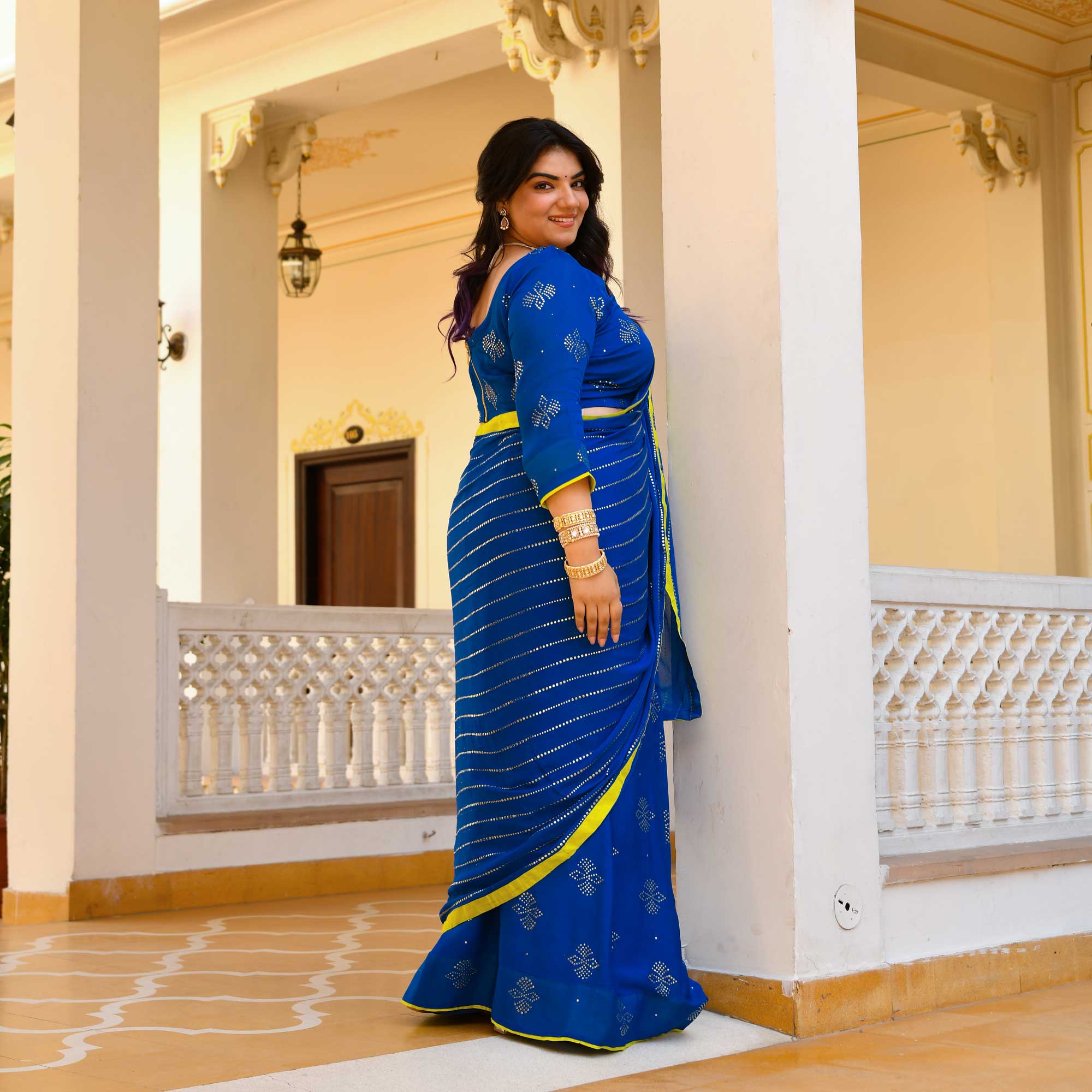 Chandani Leher- Electric Blue & Gold Embroidered Pre-drape Saree Set