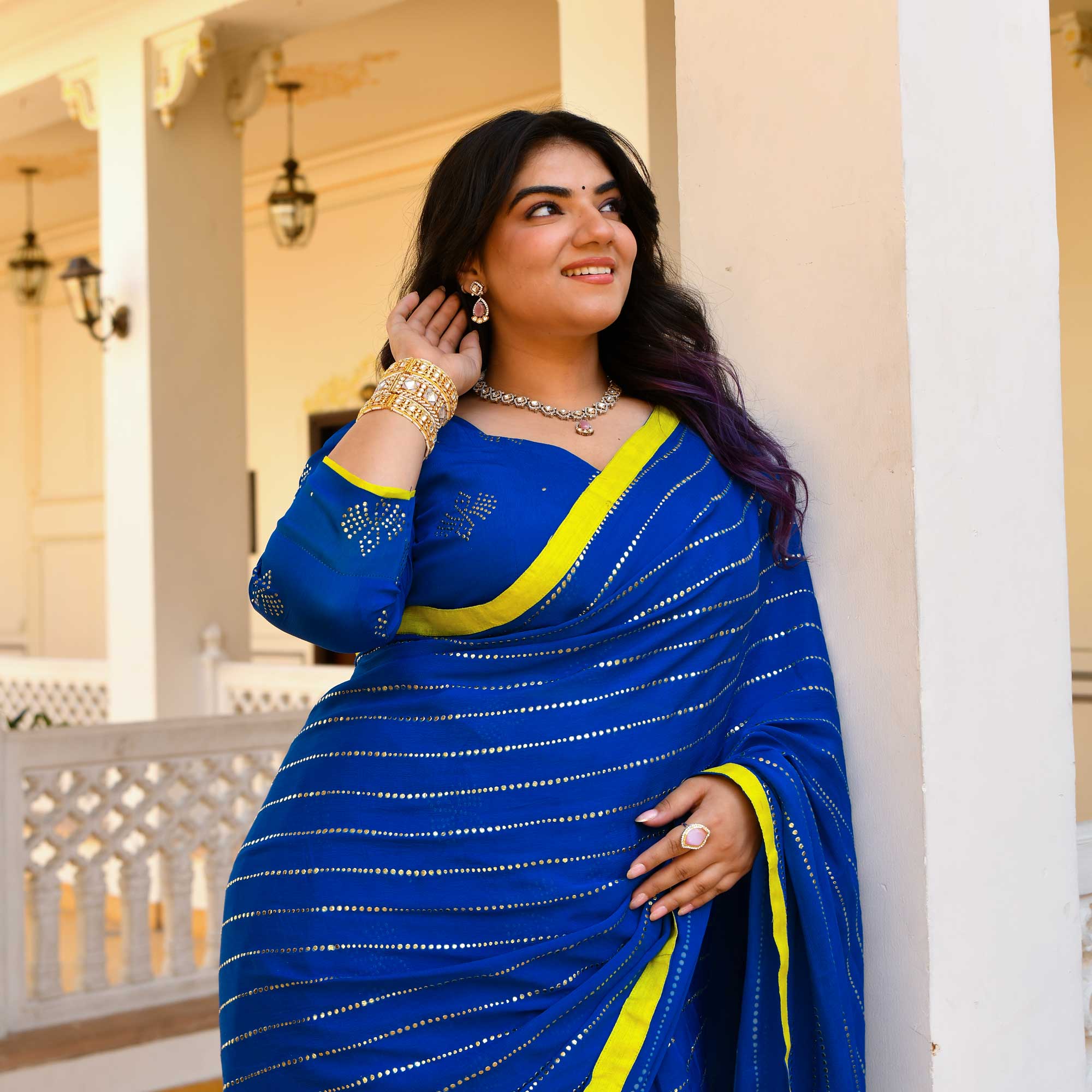 Chandani Leher- Electric Blue & Gold Embroidered Pre-drape Saree Set