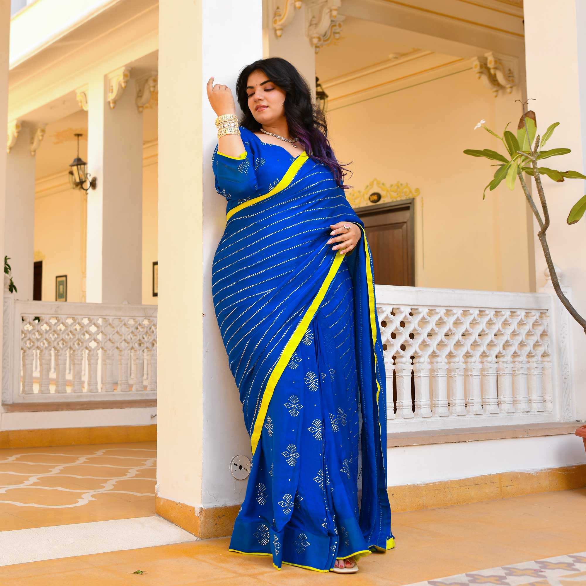 Chandani Leher- Electric Blue & Gold Embroidered Pre-drape Saree Set