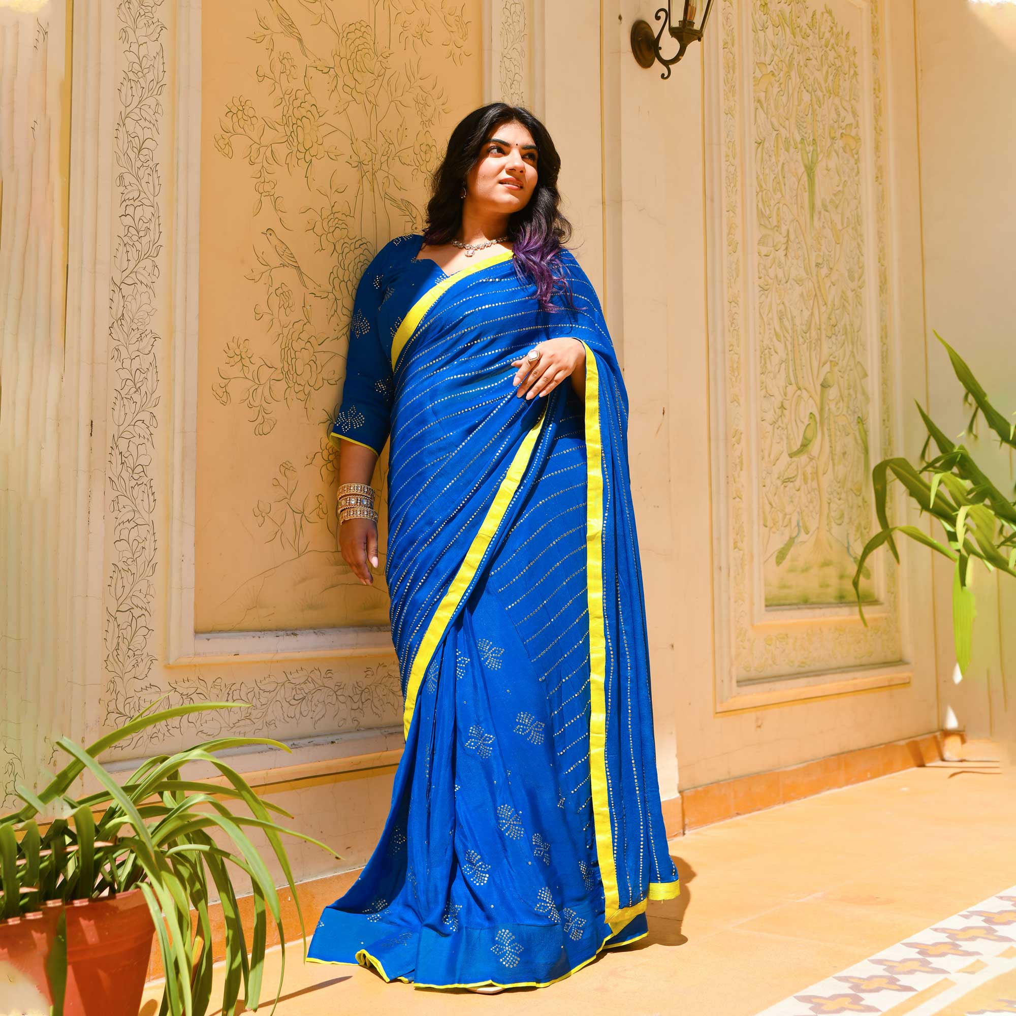 Chandani Leher- Electric Blue & Gold Embroidered Pre-drape Saree Set