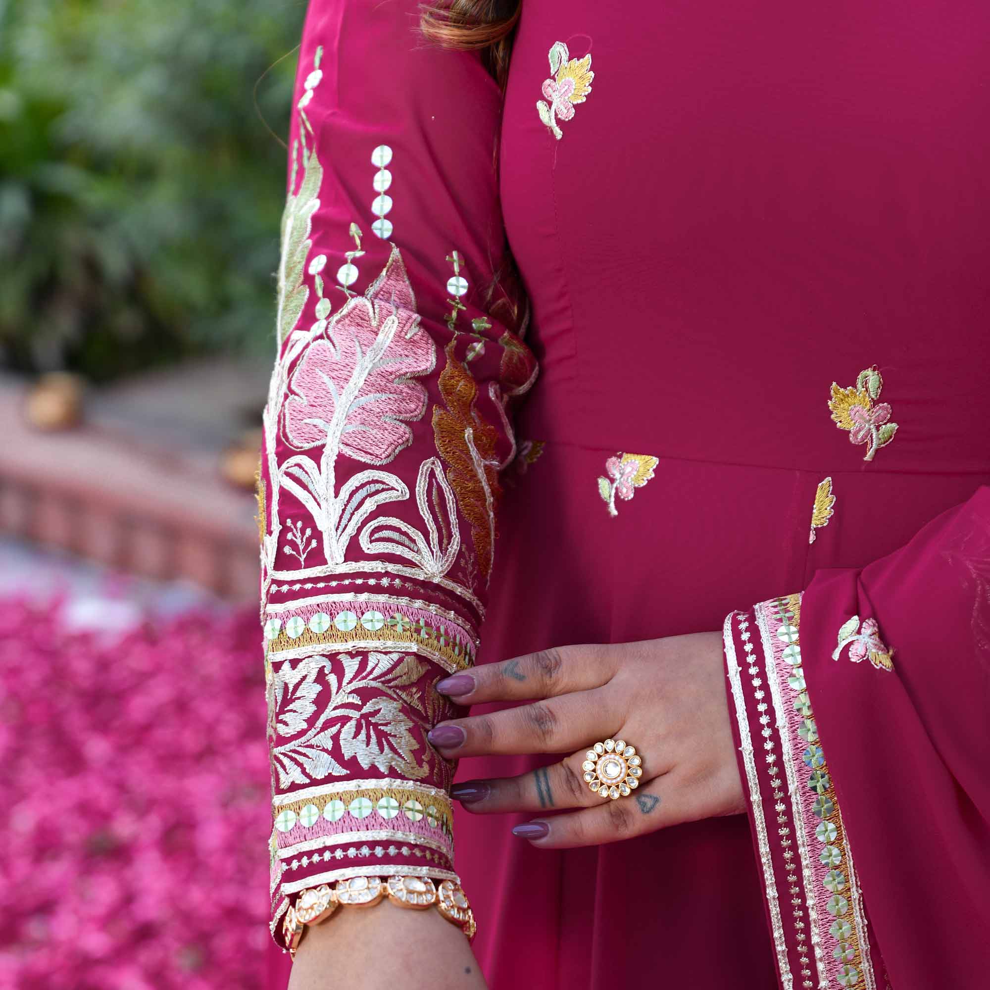 Butterflies- Rani Pink Thread & Gota Embroidered Georgette Anarkali Set