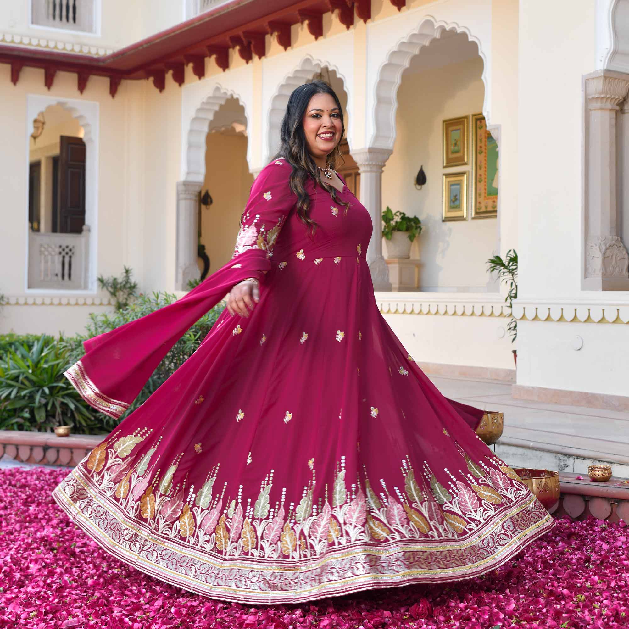 Butterflies- Rani Pink Thread & Gota Embroidered Georgette Anarkali Set