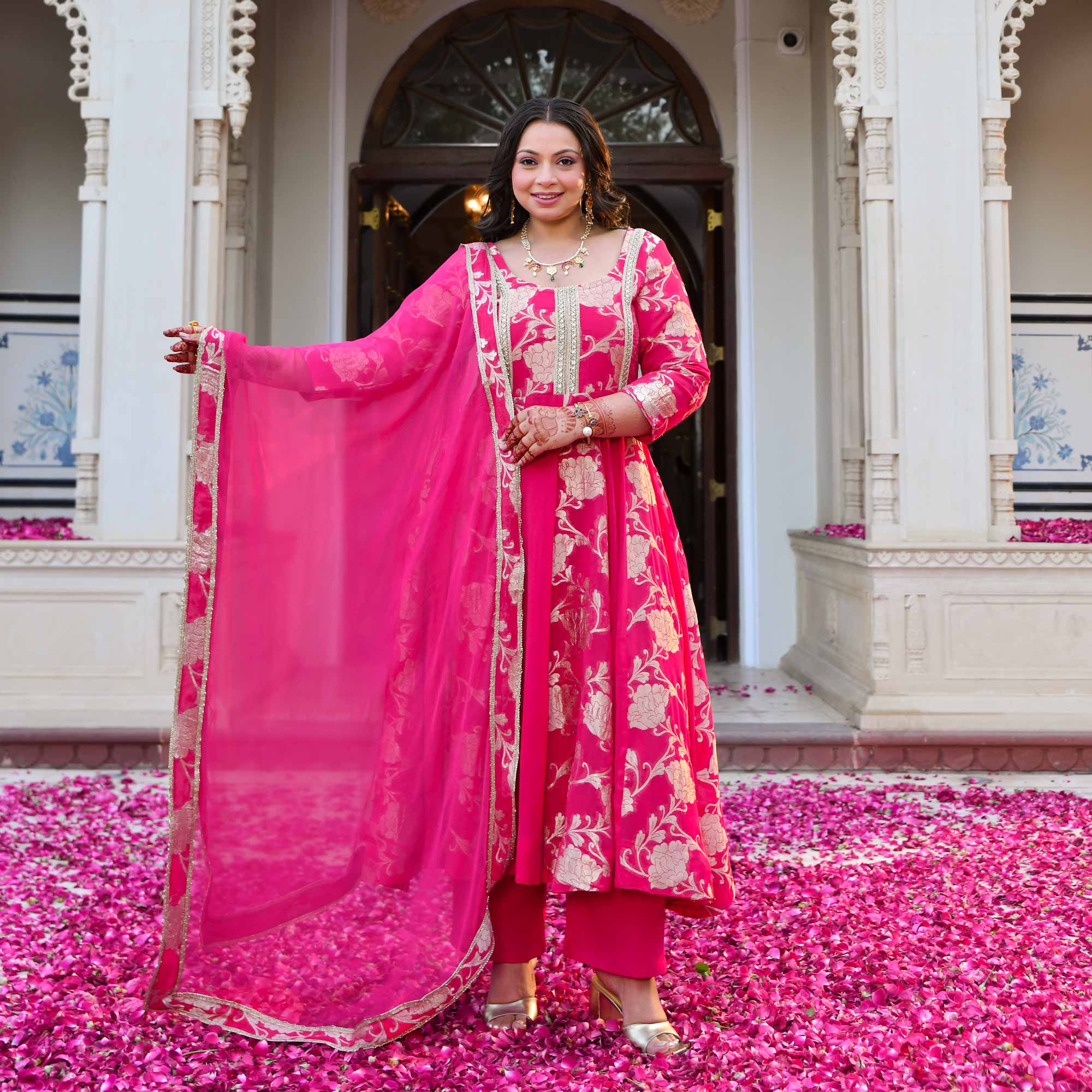 Pankhuri - Deep Pink Banarasi Pure Georgette Anarkali Set
