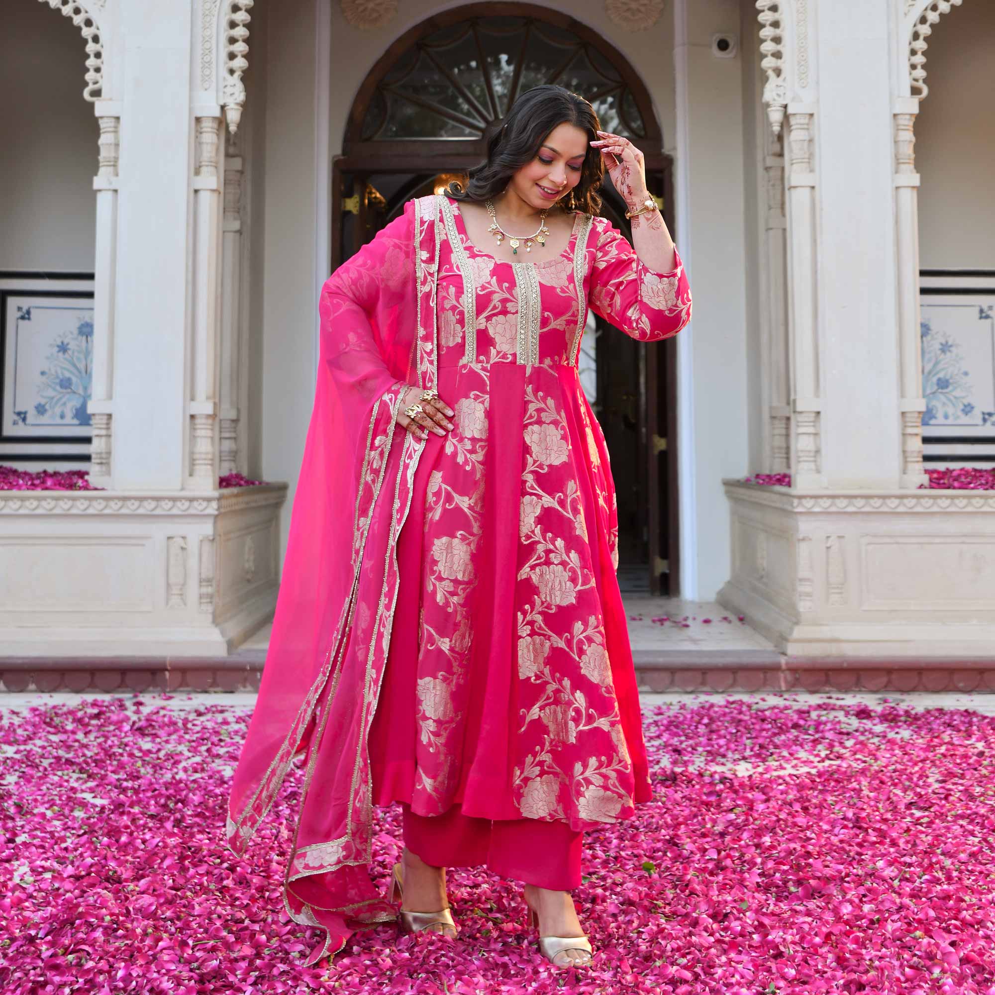Pankhuri - Deep Pink Banarasi Pure Georgette Anarkali Set