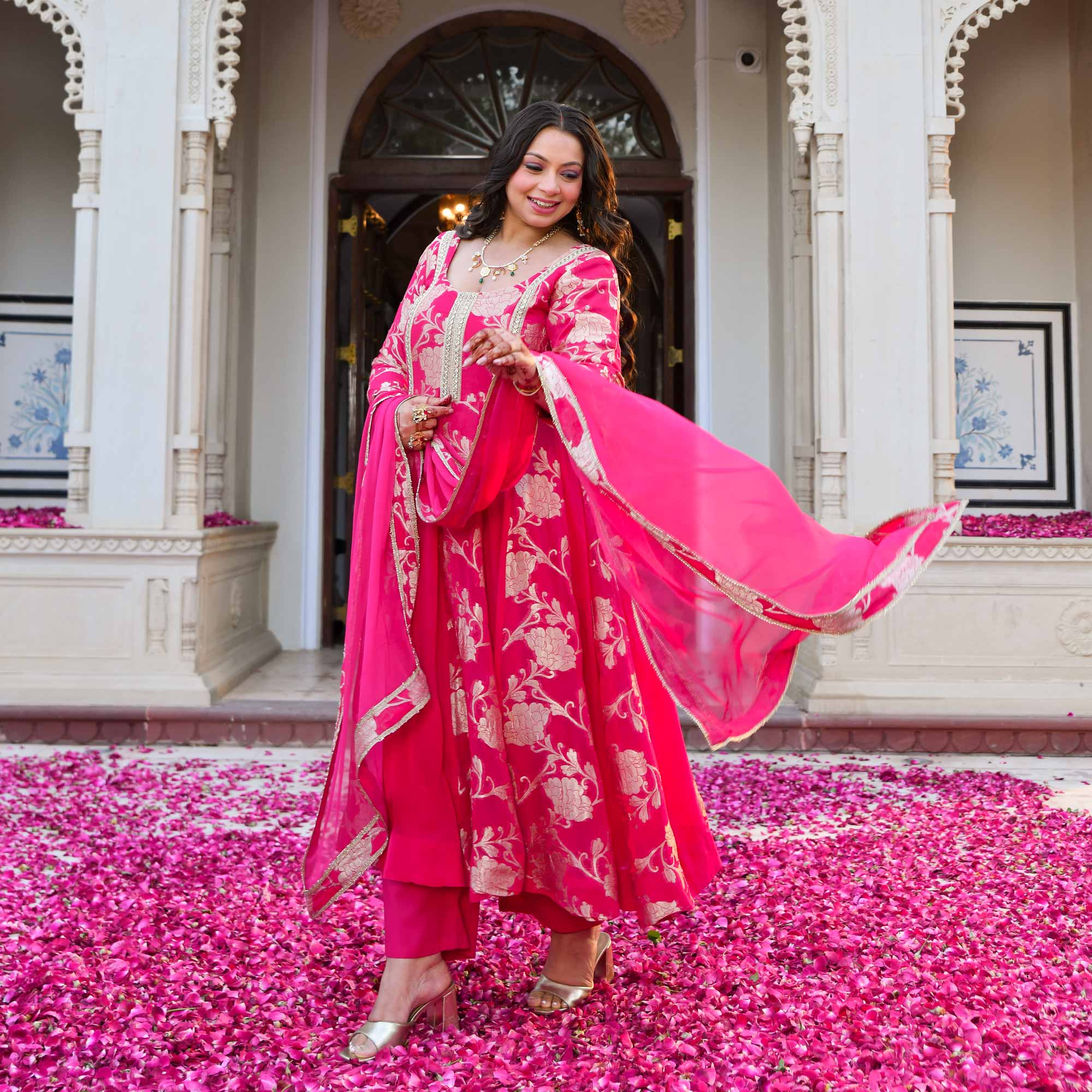 Pankhuri - Deep Pink Banarasi Pure Georgette Anarkali Set