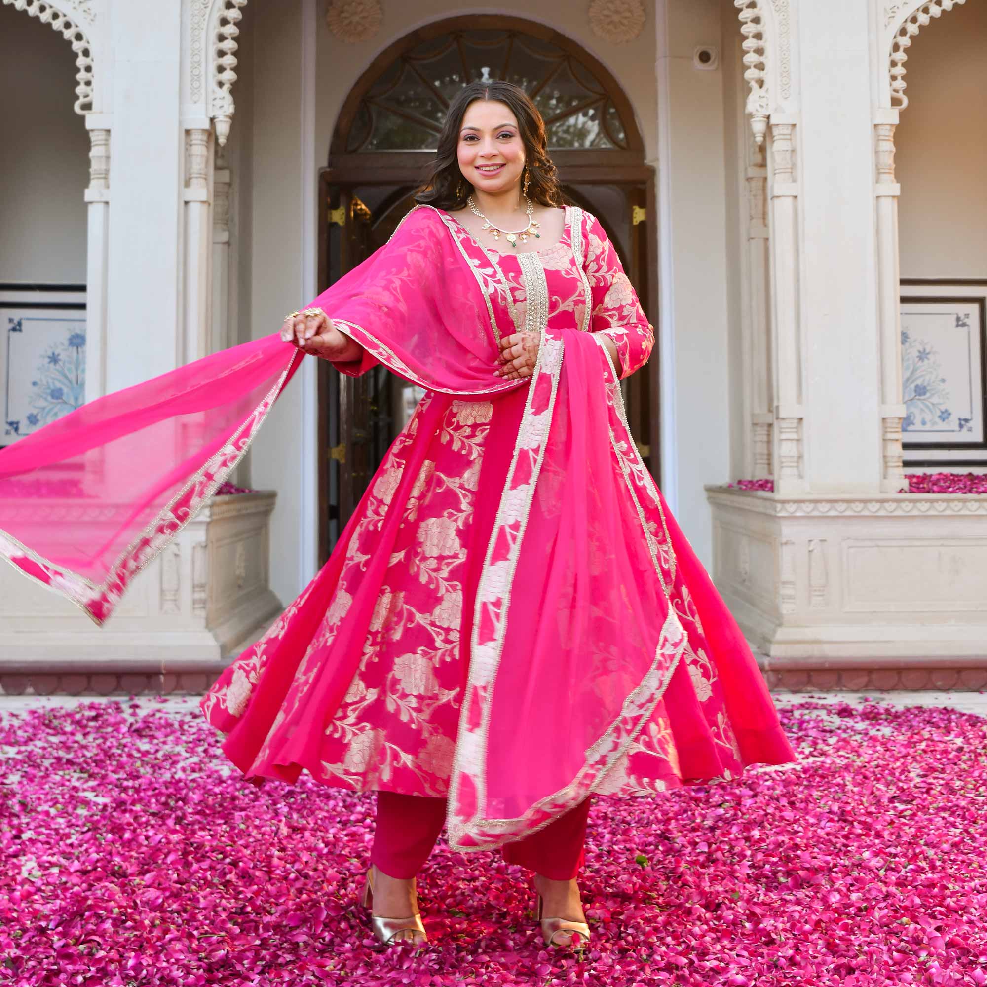 Pankhuri - Deep Pink Banarasi Pure Georgette Anarkali Set