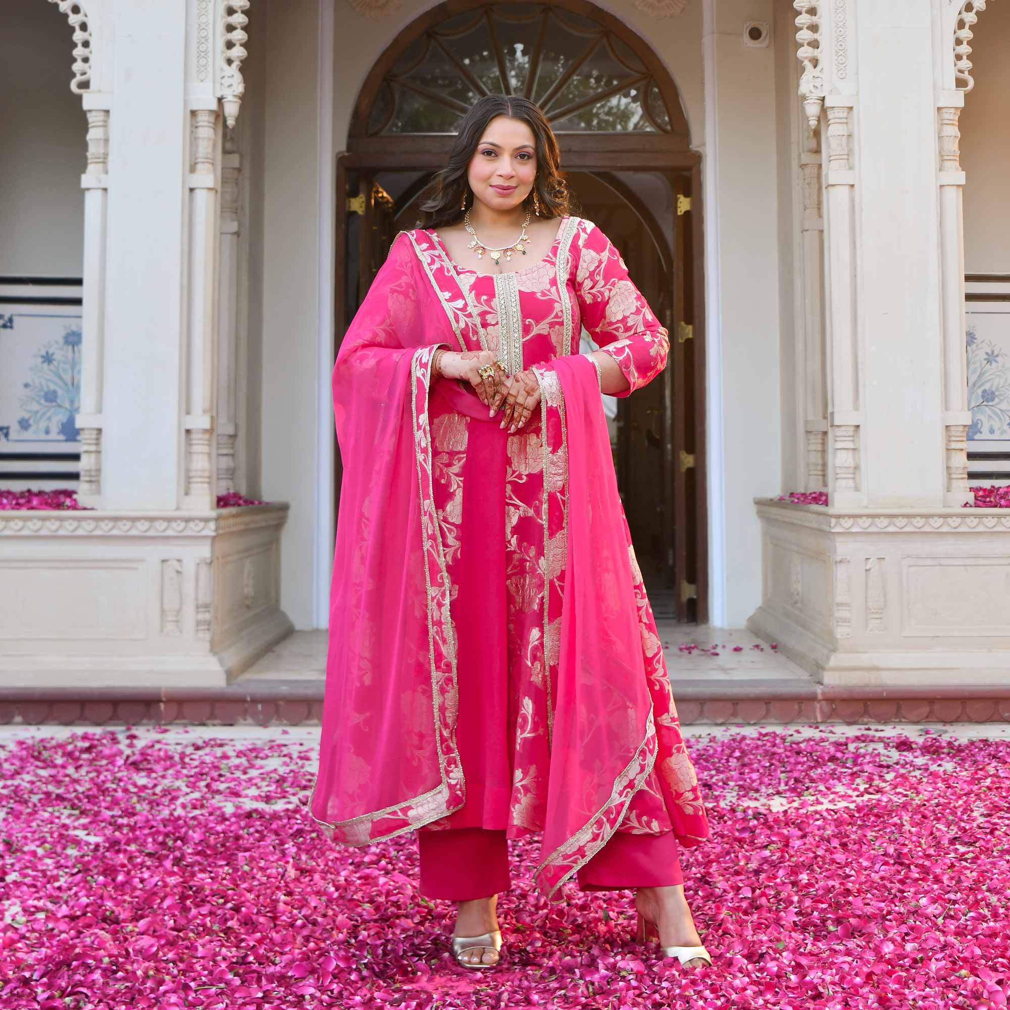 Pankhuri - Deep Pink Banarasi Pure Georgette Anarkali Set