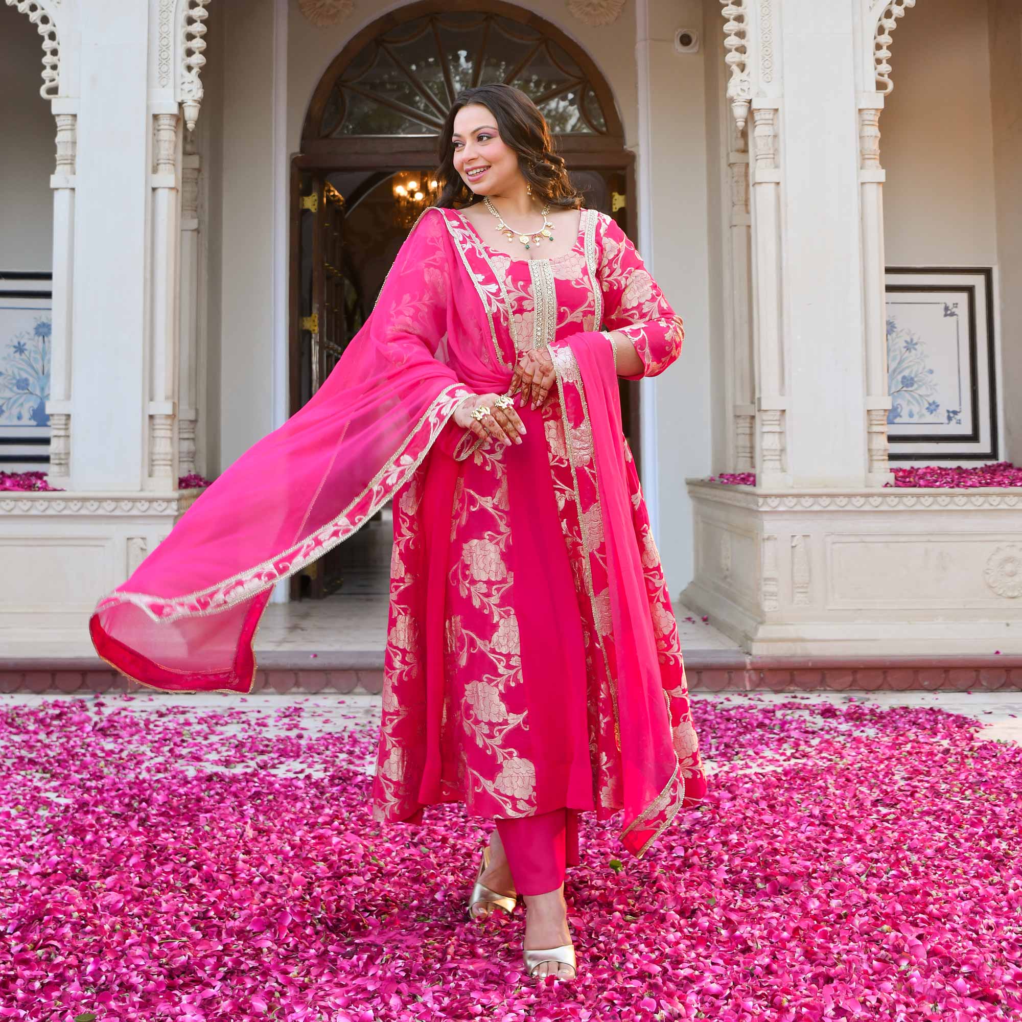Pankhuri - Deep Pink Banarasi Pure Georgette Anarkali Set