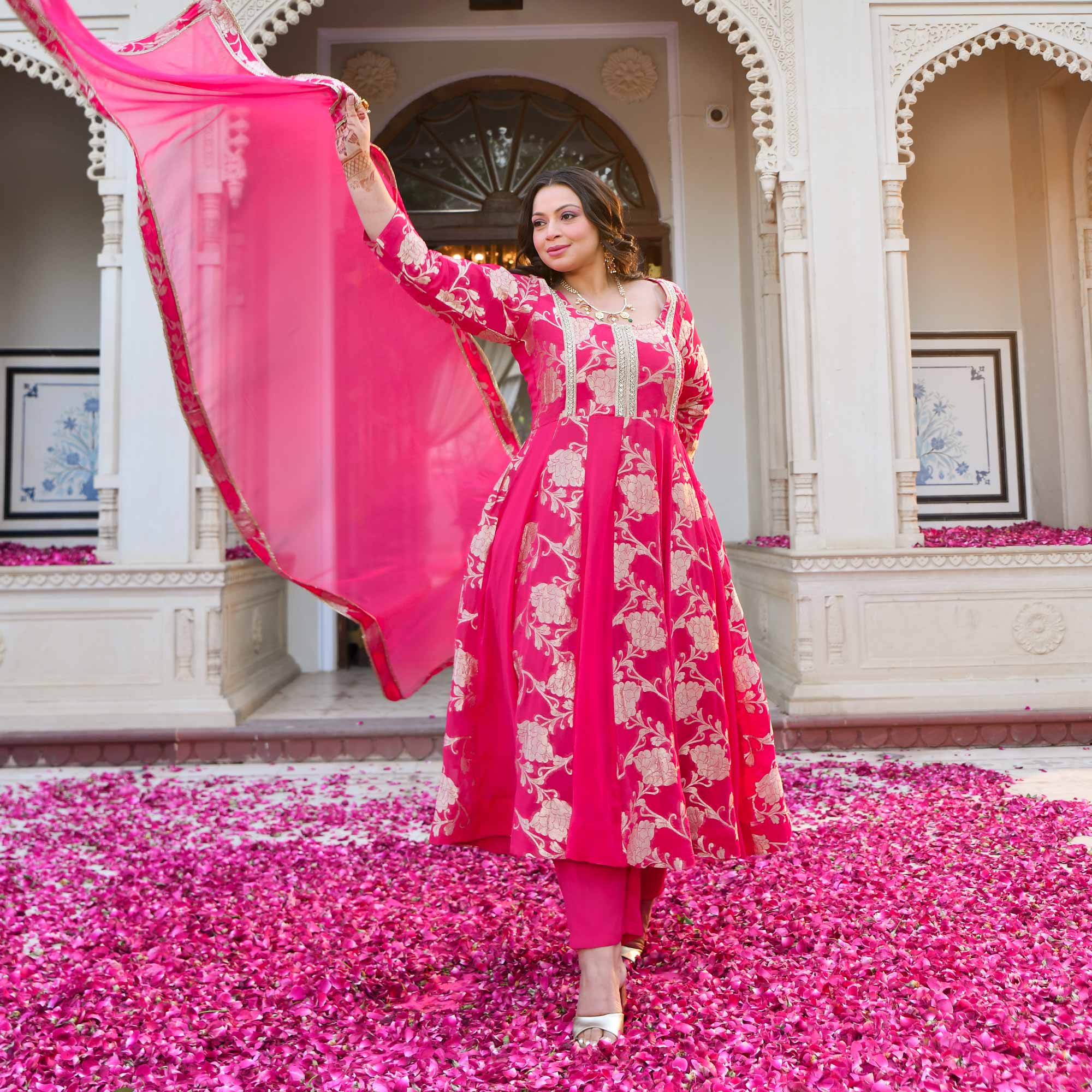 Pankhuri - Deep Pink Banarasi Pure Georgette Anarkali Set