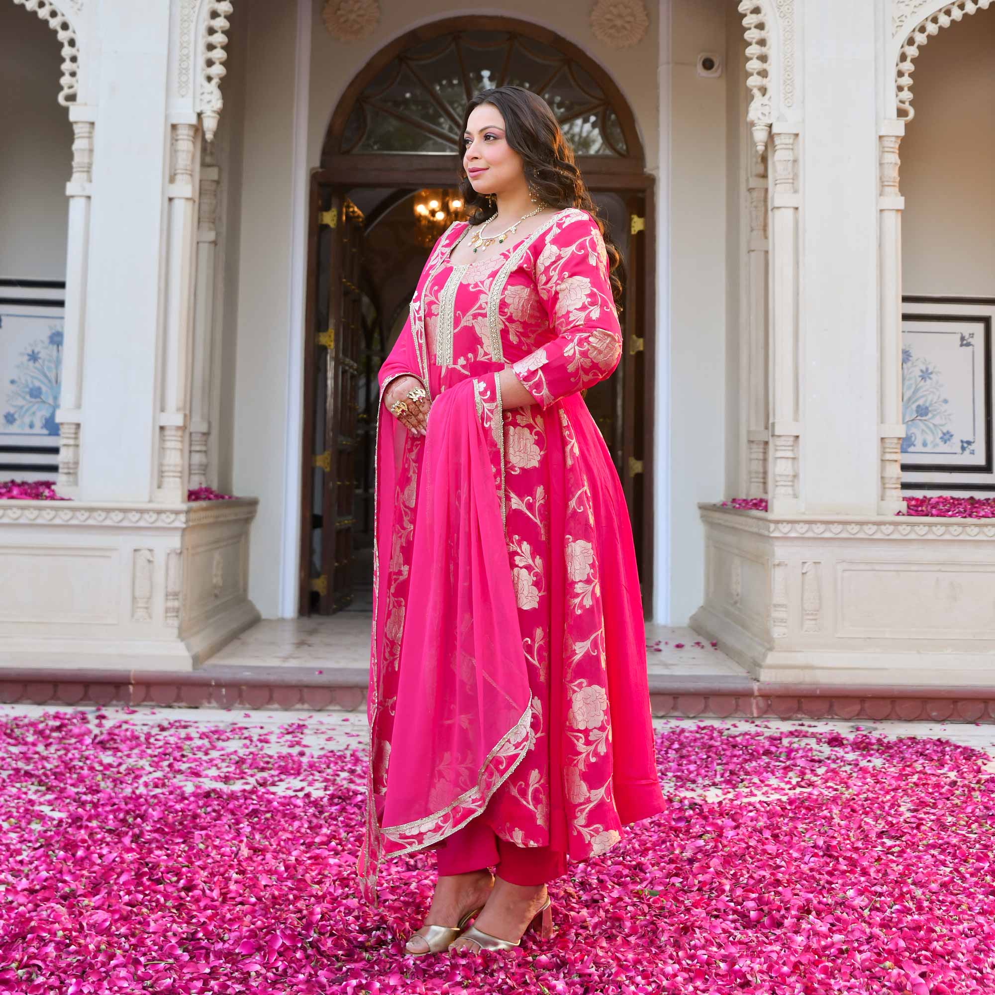 Pankhuri - Deep Pink Banarasi Pure Georgette Anarkali Set