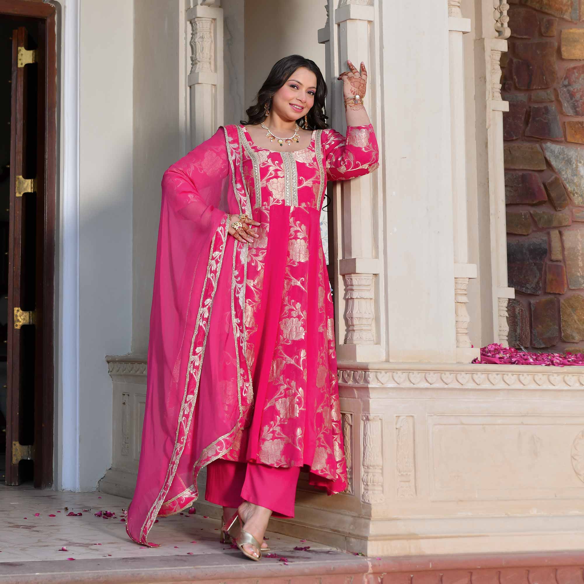 Pankhuri - Deep Pink Banarasi Pure Georgette Anarkali Set