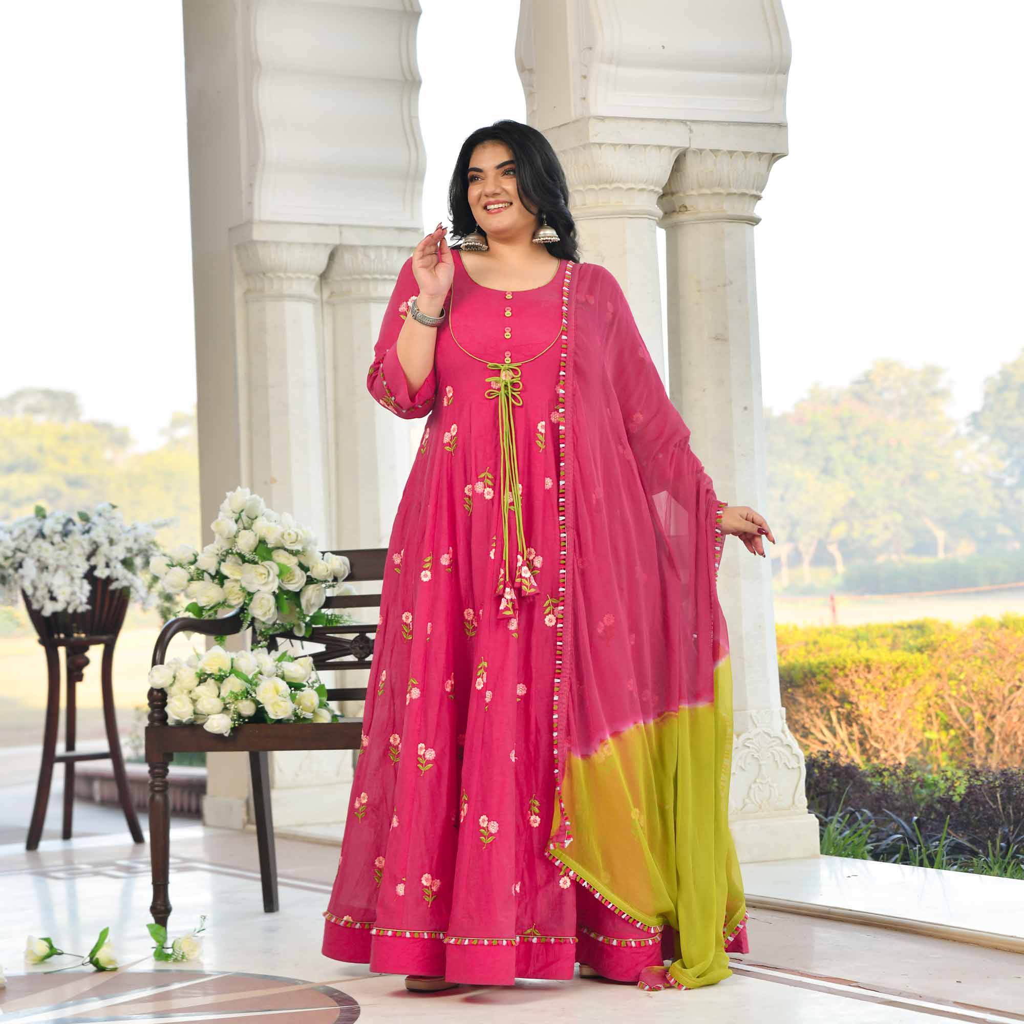 Raspberry Bloom- Deep Pink Floral Thread Embroidery Mul Chanderi Anarkali Set
