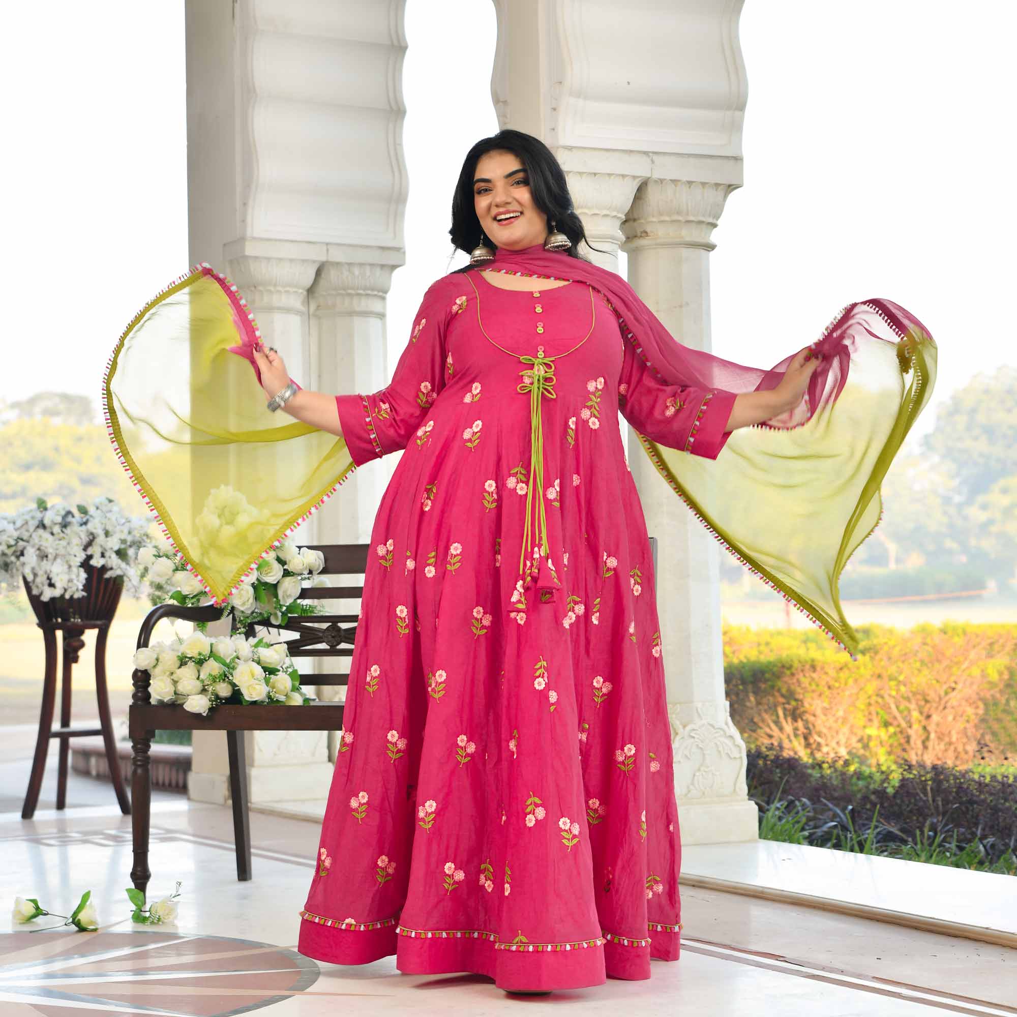 Raspberry Bloom- Deep Pink Floral Thread Embroidery Mul Chanderi Anarkali Set