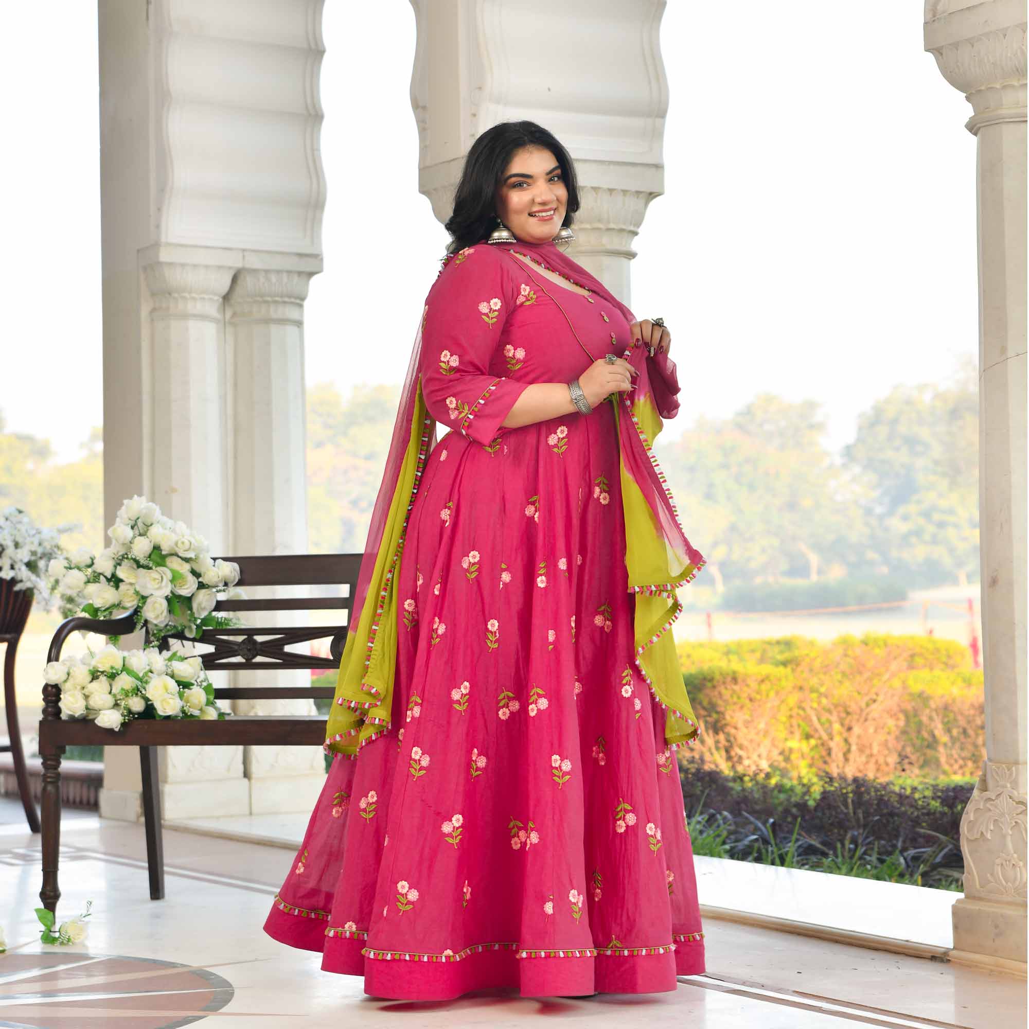 Raspberry Bloom- Deep Pink Floral Thread Embroidery Mul Chanderi Anarkali Set