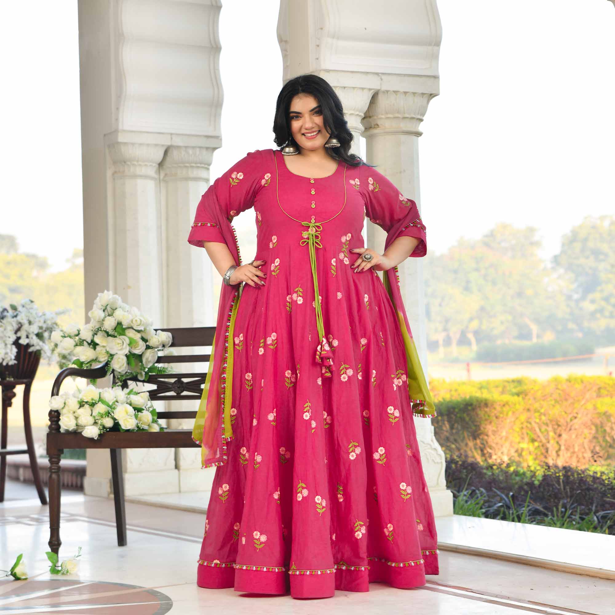 Raspberry Bloom- Deep Pink Floral Thread Embroidery Mul Chanderi Anarkali Set
