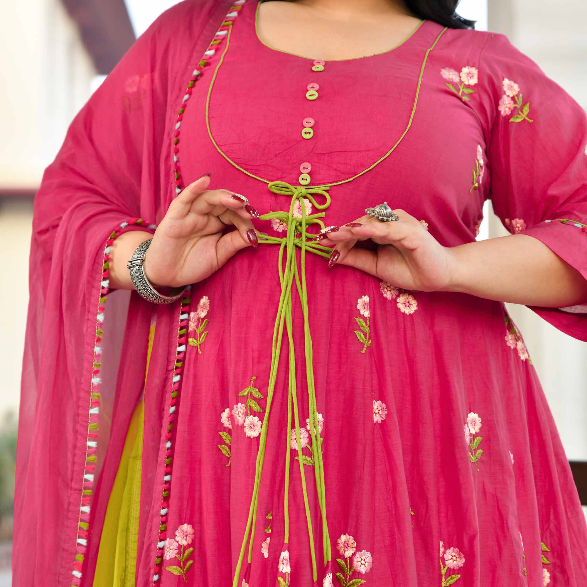 Raspberry Bloom- Deep Pink Floral Thread Embroidery Mul Chanderi Anarkali Set