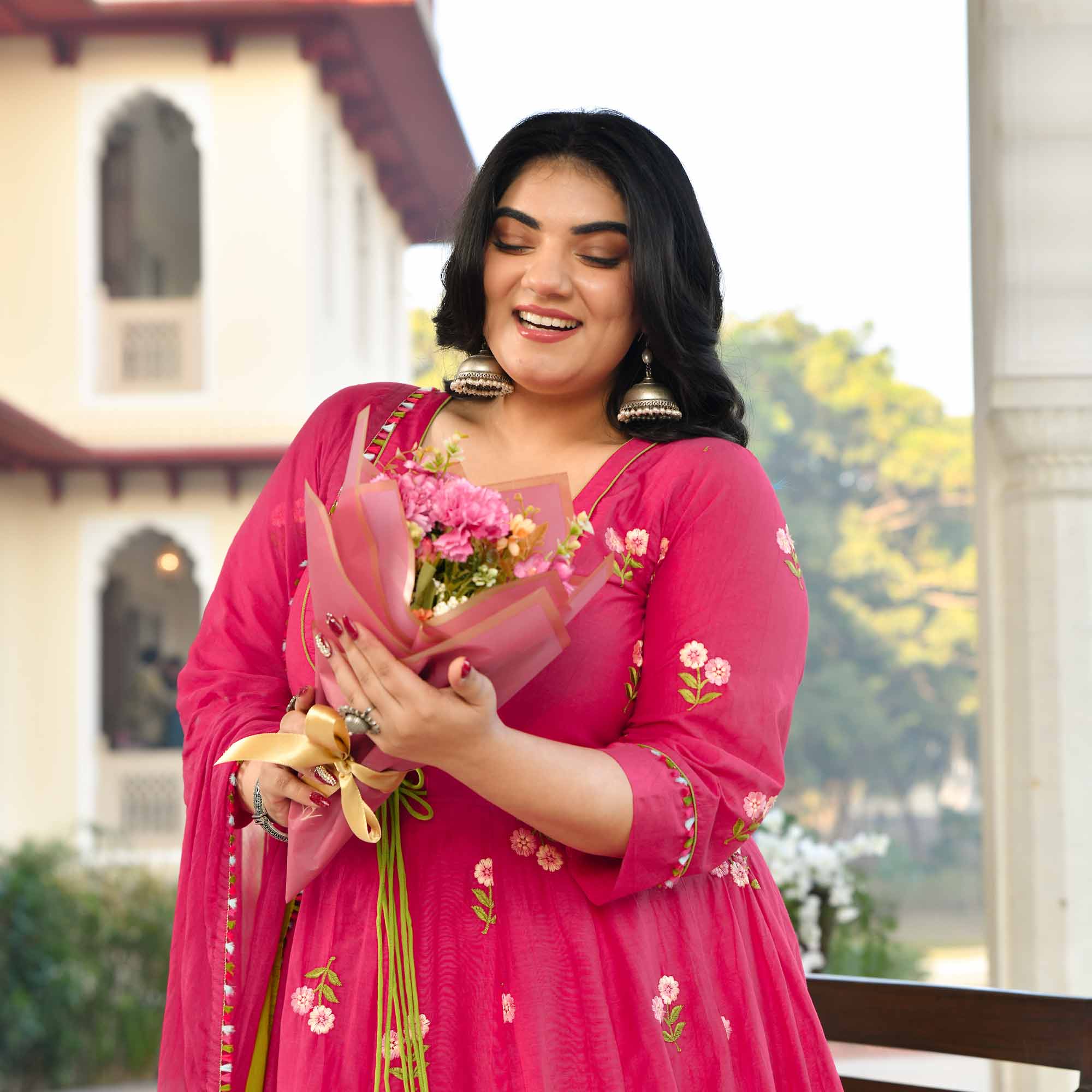 Raspberry Bloom- Deep Pink Floral Thread Embroidery Mul Chanderi Anarkali Set