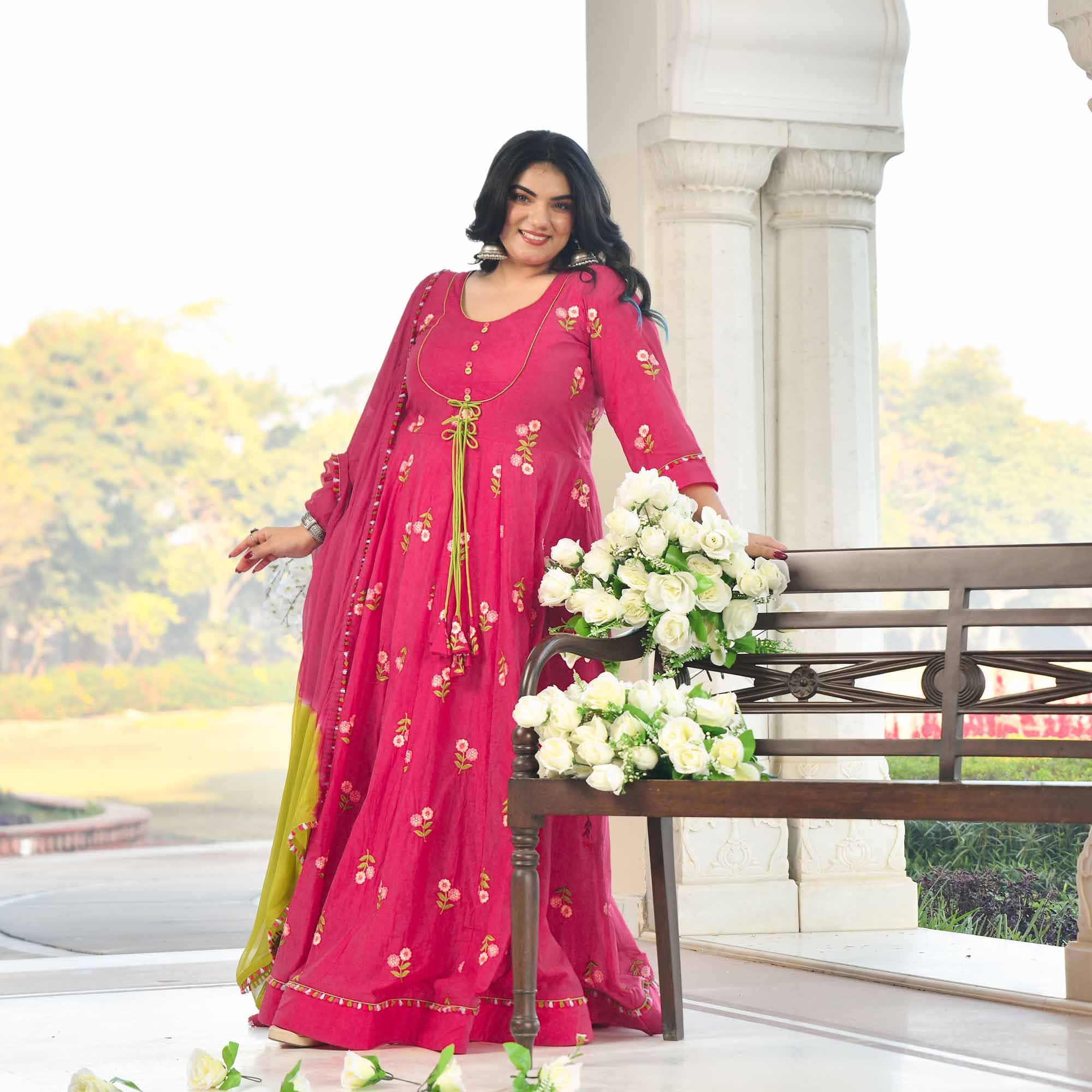 Raspberry Bloom- Deep Pink Floral Thread Embroidery Mul Chanderi Anarkali Set