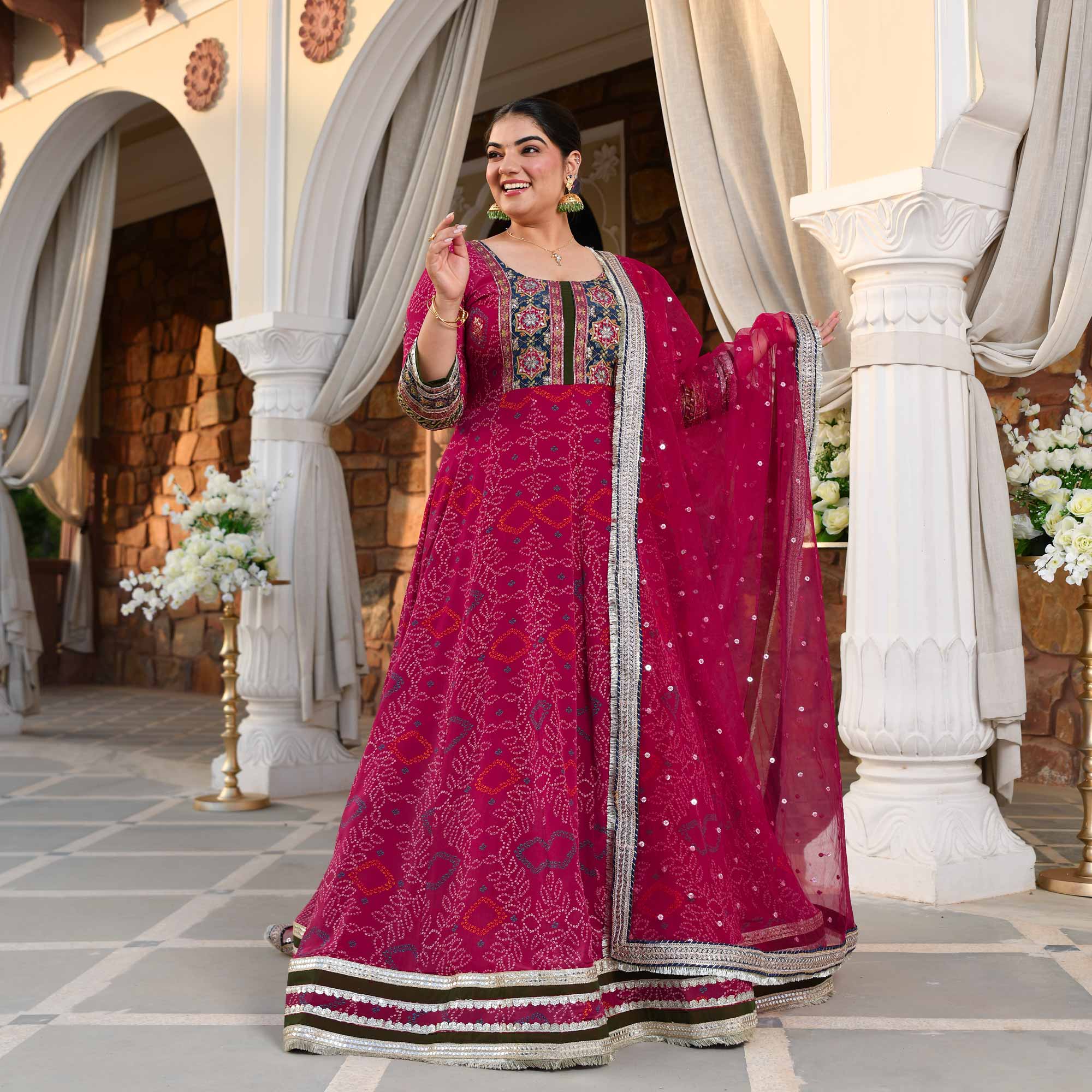 Hawa Mahal- Magenta Pink Bandhani Pure Crepe Anarkali Set