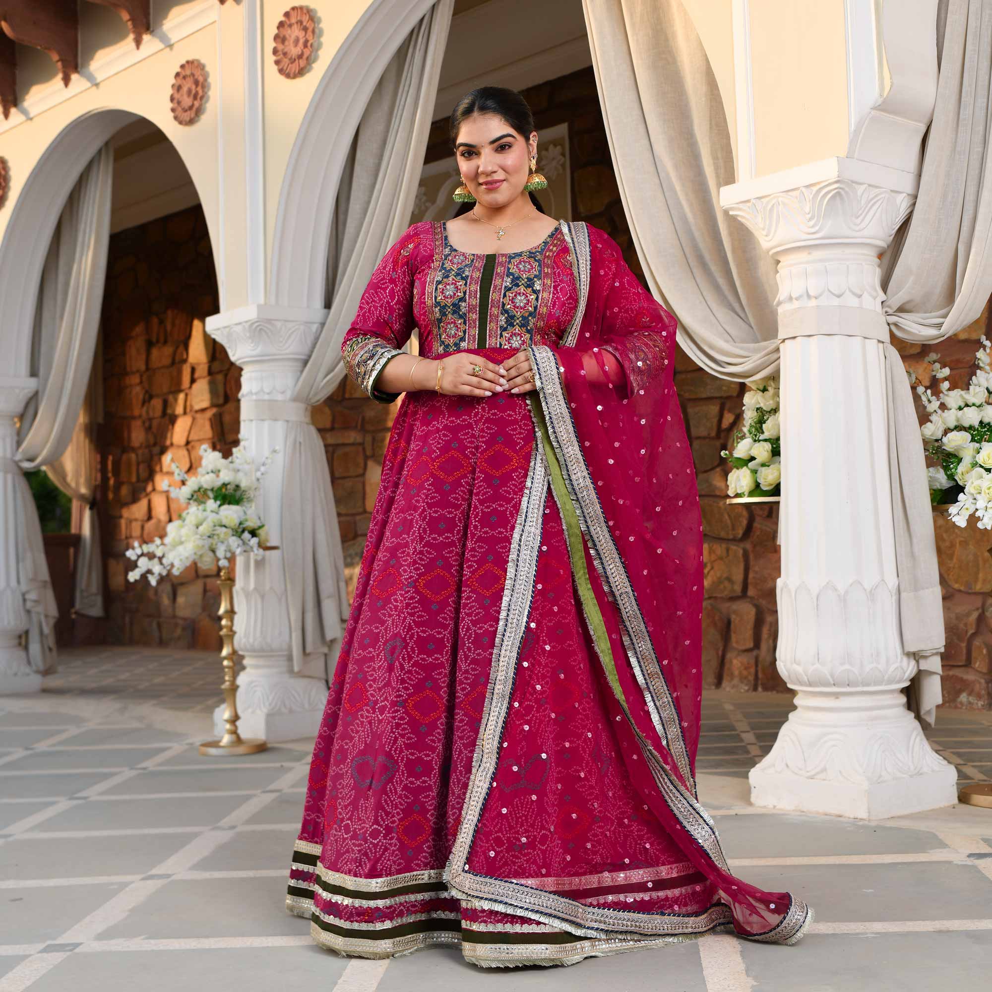 Hawa Mahal- Magenta Pink Bandhani Pure Crepe Anarkali Set