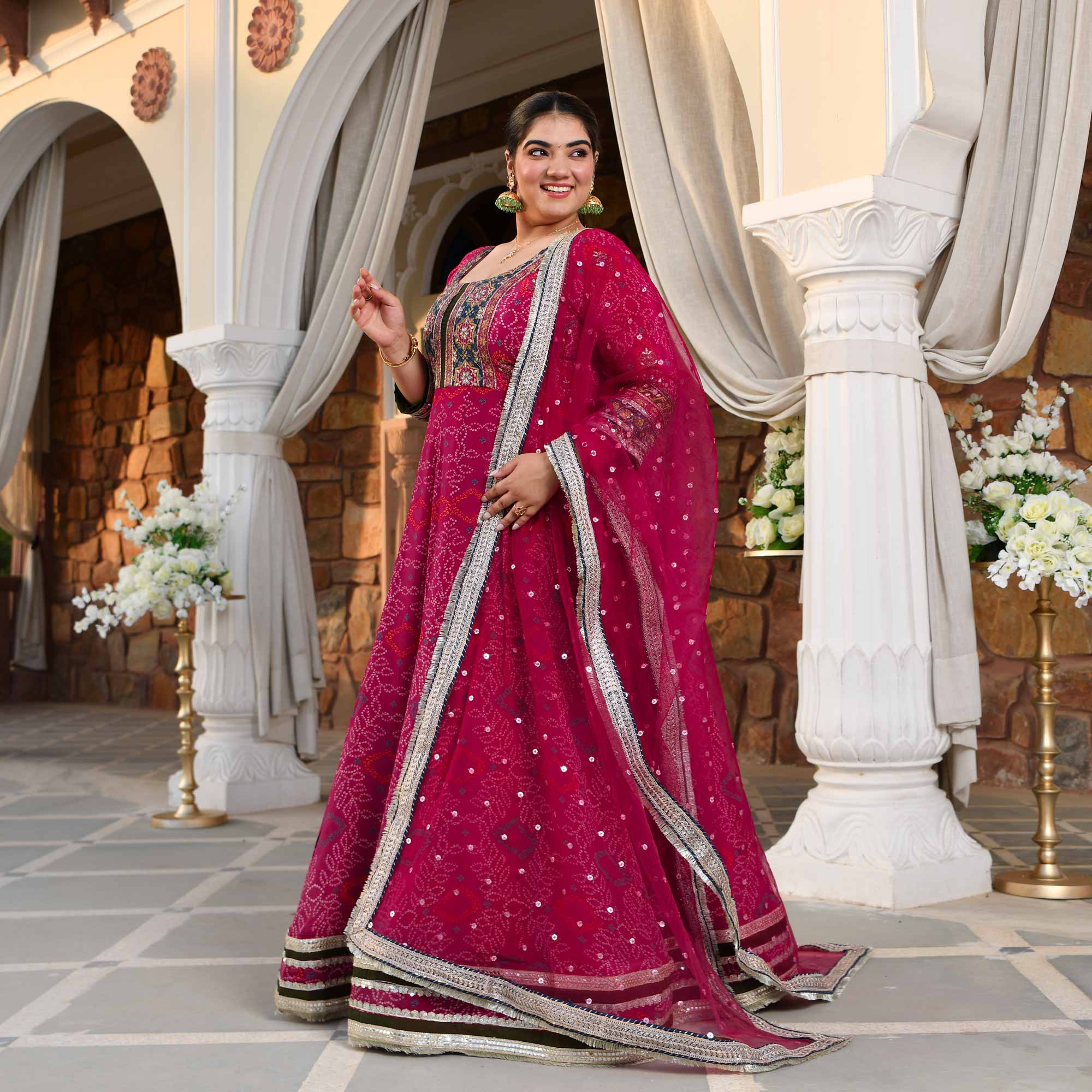 Hawa Mahal- Magenta Pink Bandhani Pure Crepe Anarkali Set