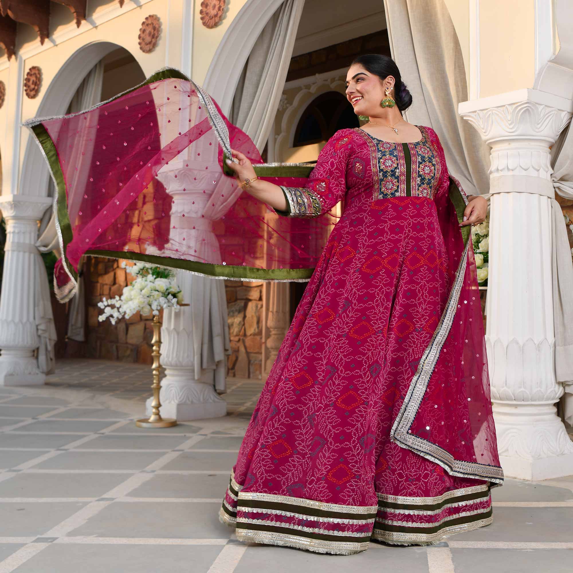 Hawa Mahal- Magenta Pink Bandhani Pure Crepe Anarkali Set