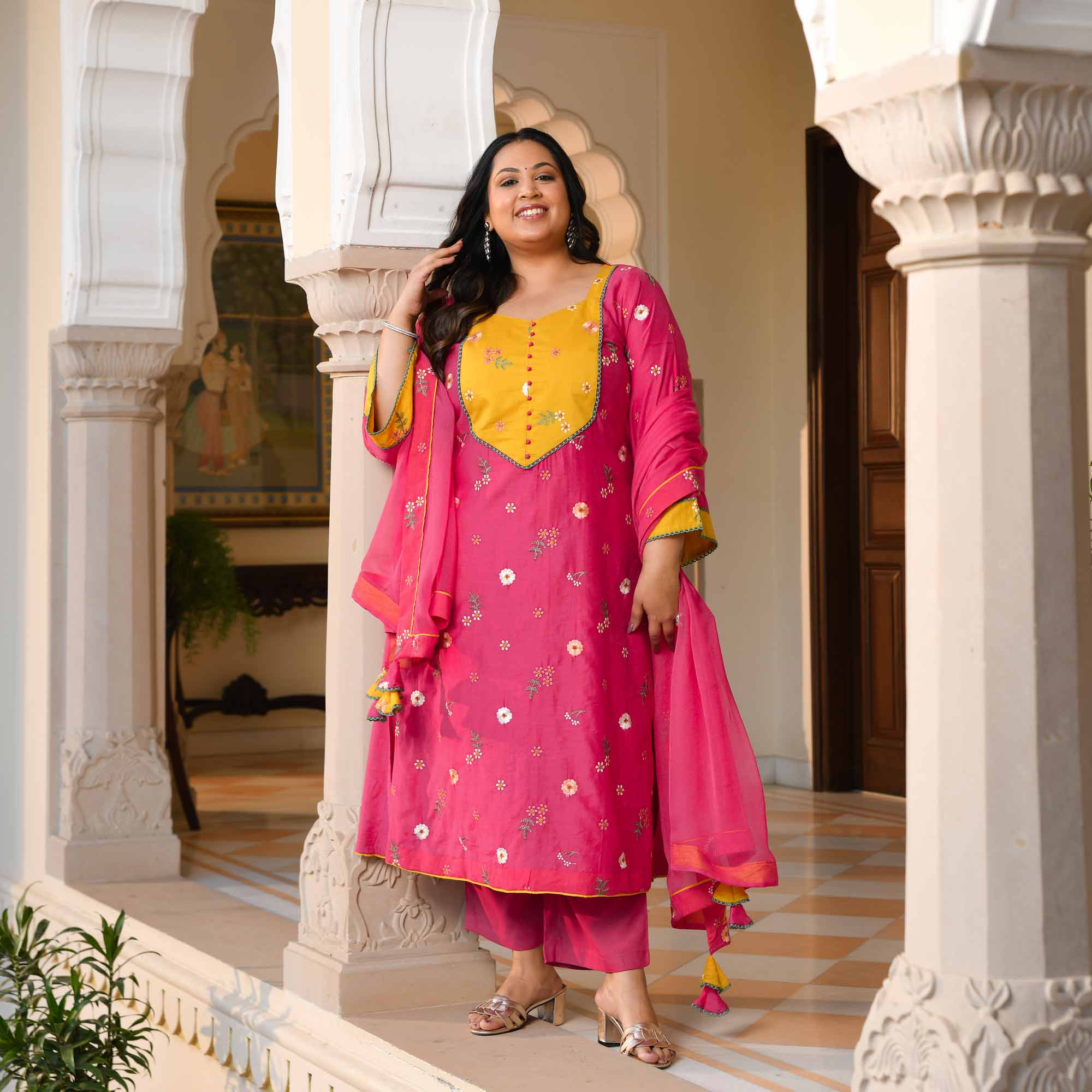 Kesar Thandai- Deep Pink Floral Thread Embroidery Mul Chanderi Suit Set